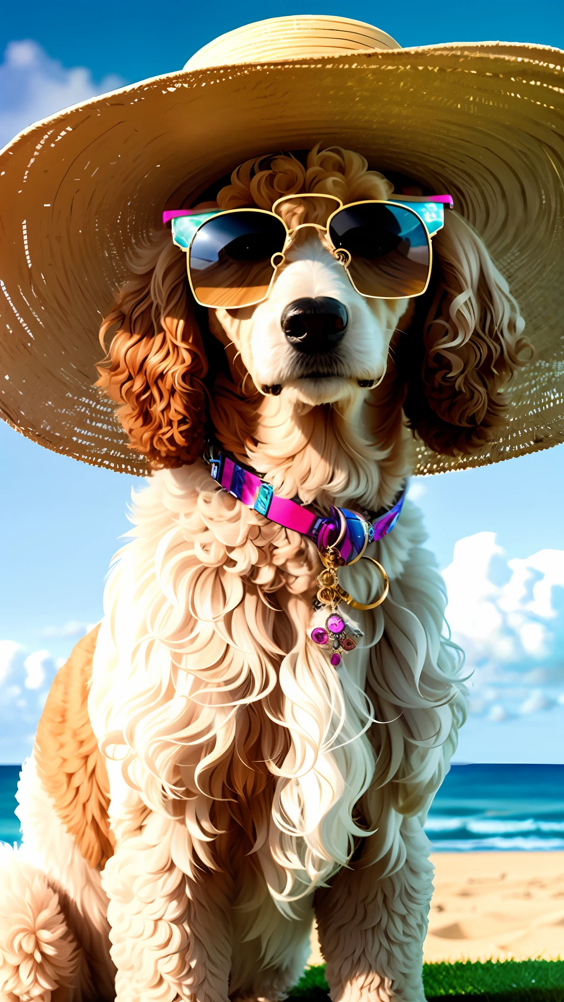 A Poodle, Seated, Sitting on the Beach, Head Close-up, Straw Hat and Sunglasses, Mismatched Pupils, Facing Lens, Genuine Fur, High Quality Fur, Detailed Fur Detail, Sea Background, Sky, Clouds, High Quality Background, High Background Detail, Soft Sunlight, Close Up, SLR Camera Photography, Film Graininess, Masterpiece, Macro Detail, Best Quality, Cinematic Lighting, Realistic, UHD, Ccurate, Anatomically Correct, High Quality, 8k