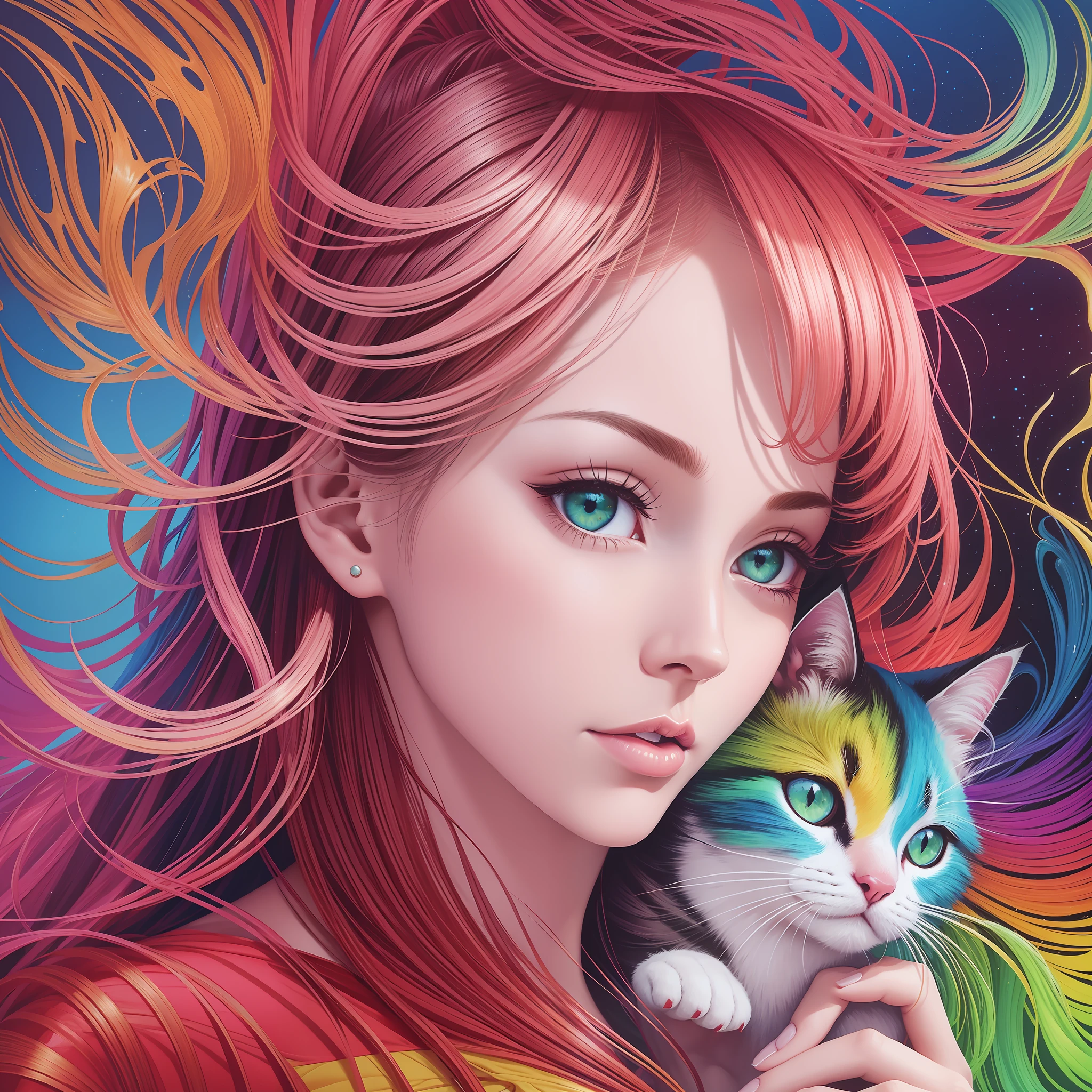 a woman on a holding a cat and arainbow color in a plant, in the style of alex gross, surrealistic dreamscapes, Highly detailed, photorealistic, flat illustration, intricately detailed fluid gouache painting, maximalist photoillustration, 8k resolution,close up, light red and azure, classical portraiture, optical illusions, precisionist --ar 3:4--92--S750--v 5.1 --auto --s2