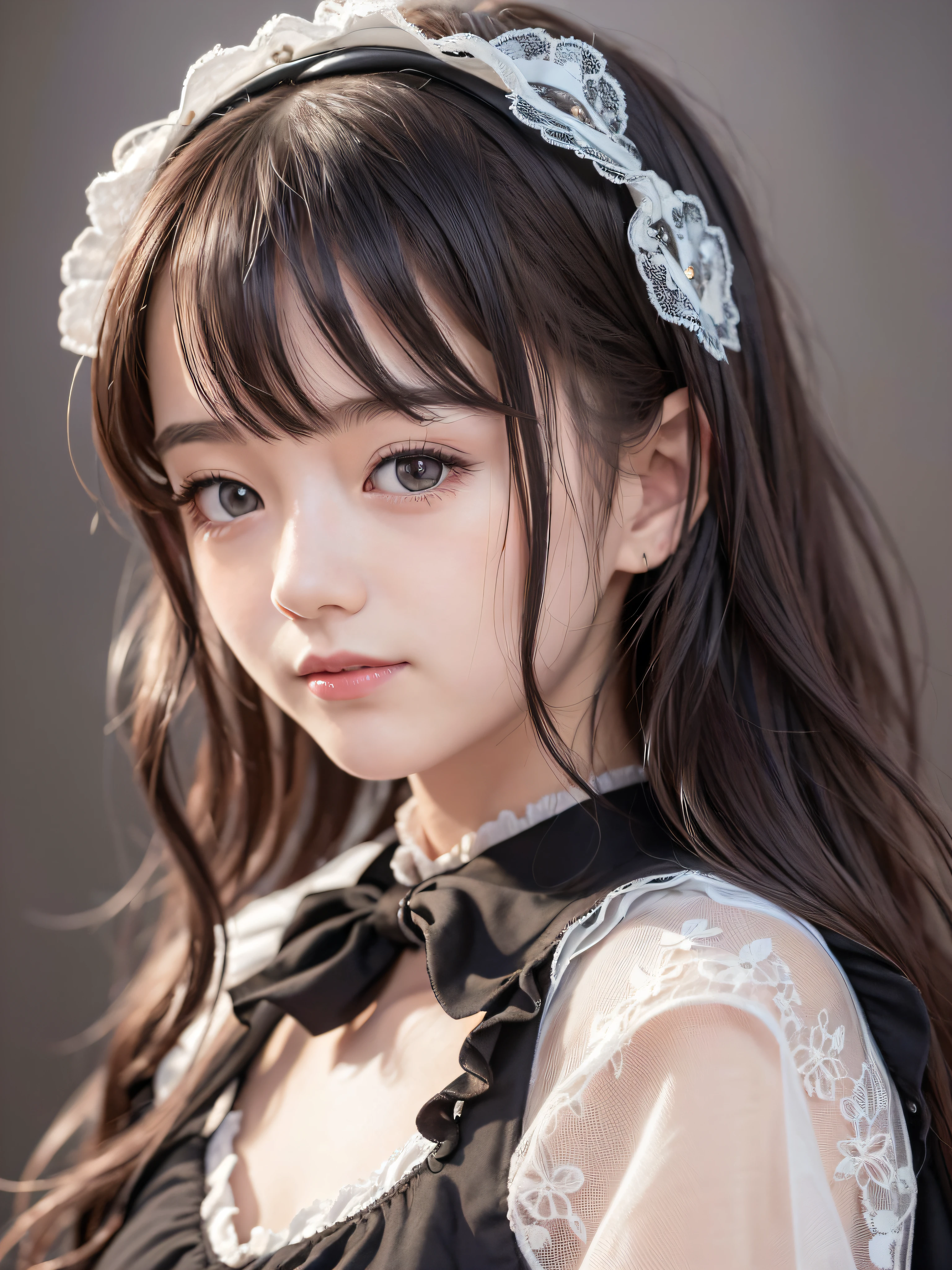 1 nogizaka girl, utterly cute, bishojo, 15yo, (gothic lolita fashion), an exquisitely detailed and beautiful face and eyes and skin, detailed black shine hair, elegant frills, frilled tie, ribbon tie, rose hair accessory, (smile at the camera), (cowboy shot), (castle in europe), professional lighting, BREAK, (realistic, photo-realistic:1.37), 8k, (masterpiece), (best quality:1.4), (ultra high res:1.2), (RAW photo:1.2), (a dress with delicate lace, soft fabric, and a beautiful rose pattern), perfect anatomy, 4fingers and 1thumbs, ultra detailed background, (unity 8k wallpaper)
