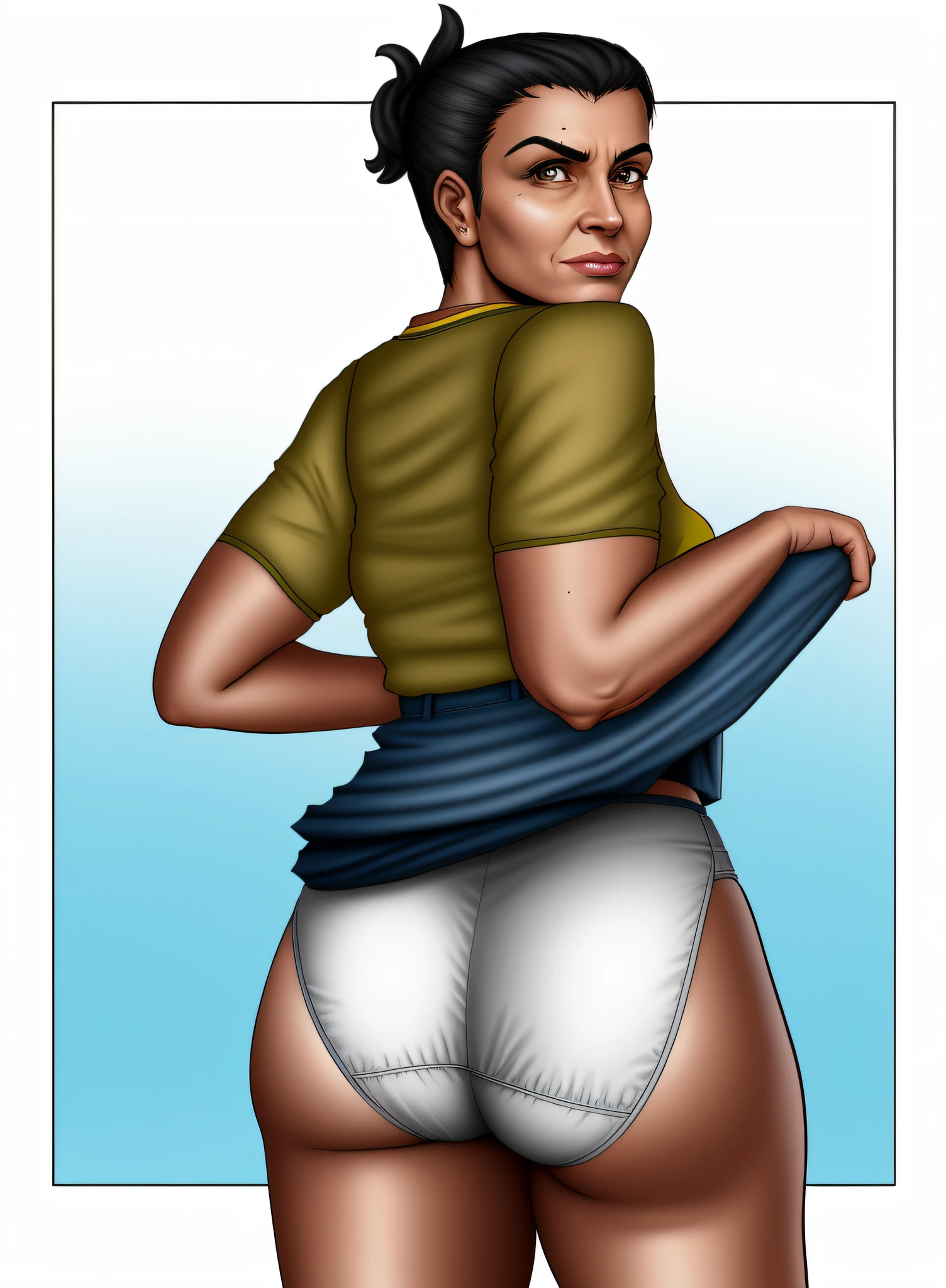 Brazilian Latina in yellow shirt lifting her blue skirt showing her big white cotton panties, comic book art style, detailed wrinkles