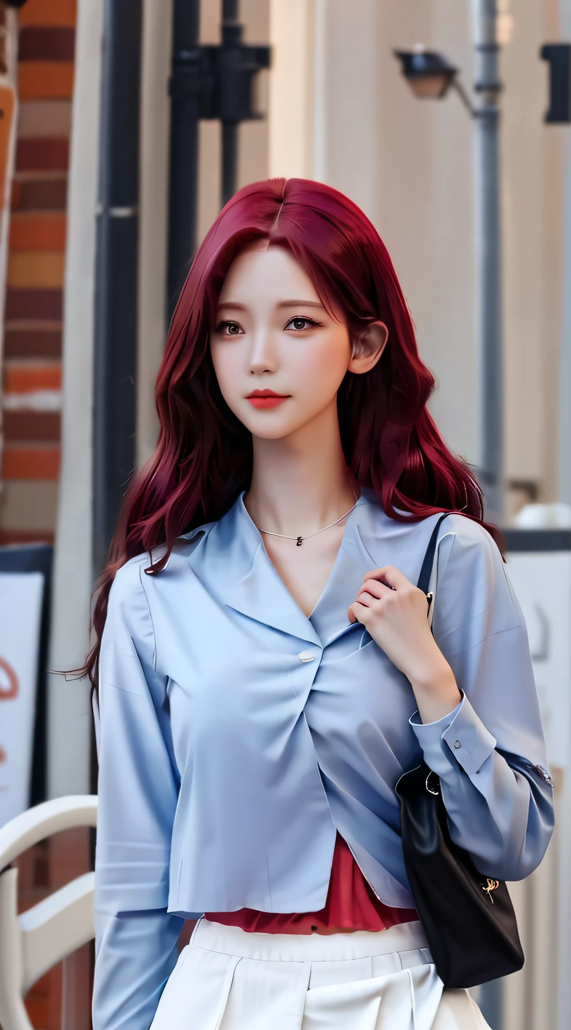((Realistic lighting, Best Quality, 8K, Masterpiece:1.3)), Clear focus: 1.2, 1girl, Perfect Body Beauty: 1.4, Slim Abs: 1.1, ((Light Red Hair)), (White Blazer: 1.4), (Outdoor, Night: 1.1), City Street, Ultra Fine Face, Fine Eyes, Double Eyelids, Best Proportions Four Fingers and One Thumb, (Realistic: 1.3), Cute 1girl, Medium , Short White Skirt,