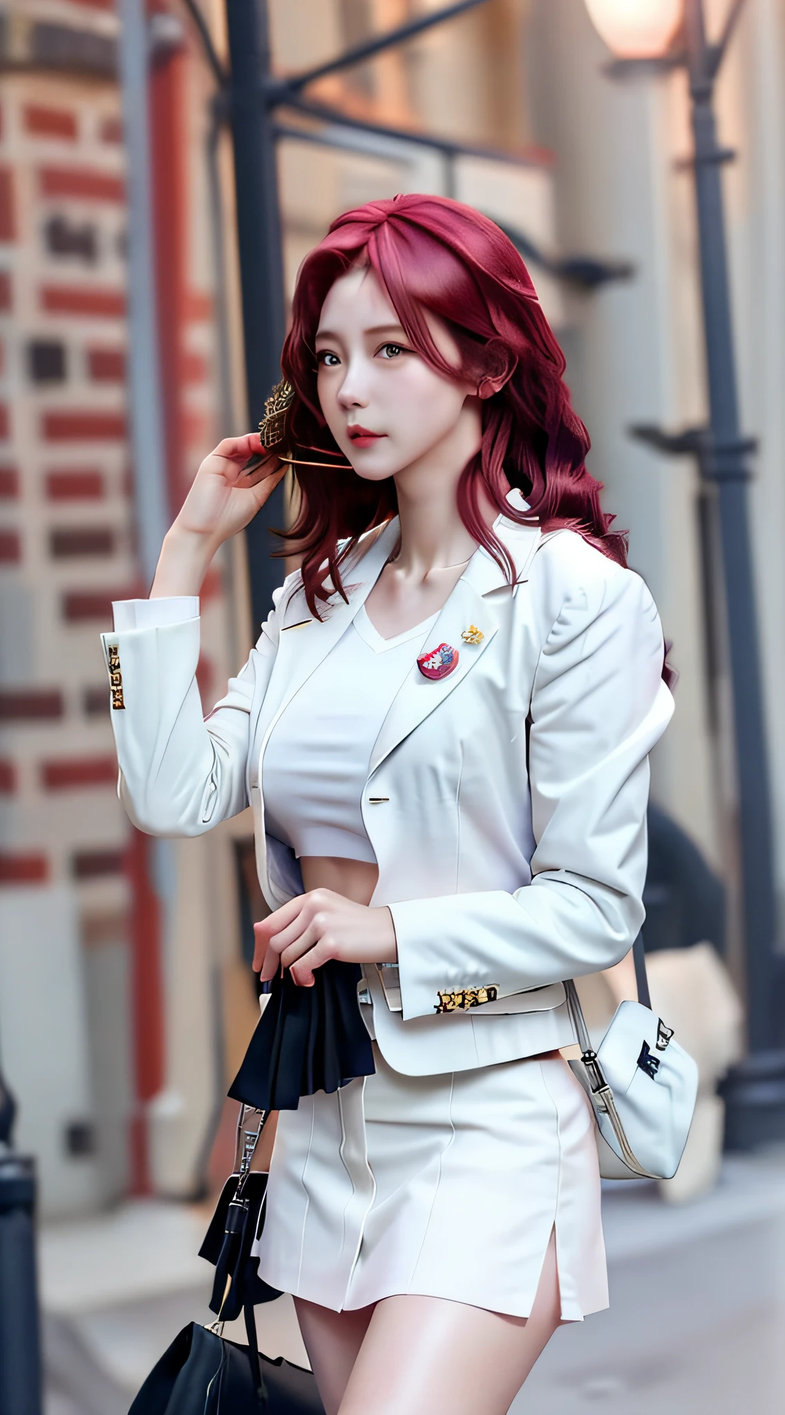 ((Realistic lighting, Best Quality, 8K, Masterpiece:1.3)), Clear focus: 1.2, 1girl, Perfect Body Beauty: 1.4, Slim Abs: 1.1, ((Light Red Hair)), (White Blazer: 1.4), (Outdoor, Night: 1.1), City Street, Ultra Fine Face, Fine Eyes, Double Eyelids, Best Proportions Four Fingers and One Thumb, (Realistic: 1.3), Cute 1girl, Medium Tits, Short White Skirt,