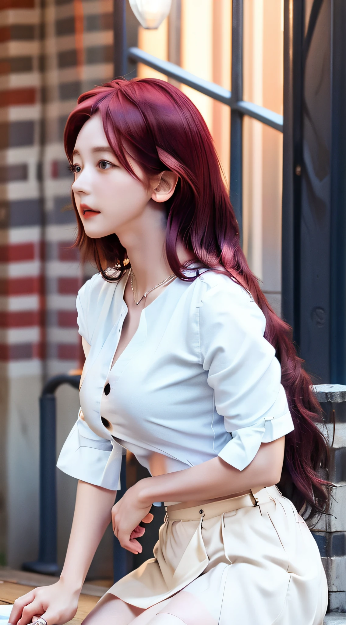 ((Realistic lighting, Best Quality, 8K, Masterpiece:1.3)), Clear focus: 1.2, 1girl, Perfect Body Beauty: 1.4, Slim Abs: 1.1, ((Light Red Hair)), (White Blazer: 1.4), (Outdoor, Night: 1.1), City Street, Ultra Fine Face, Fine Eyes, Double Eyelids, Best Proportions Four Fingers and One Thumb, (Realistic: 1.3), Cute 1girl, Medium Tits, Short White Skirt,