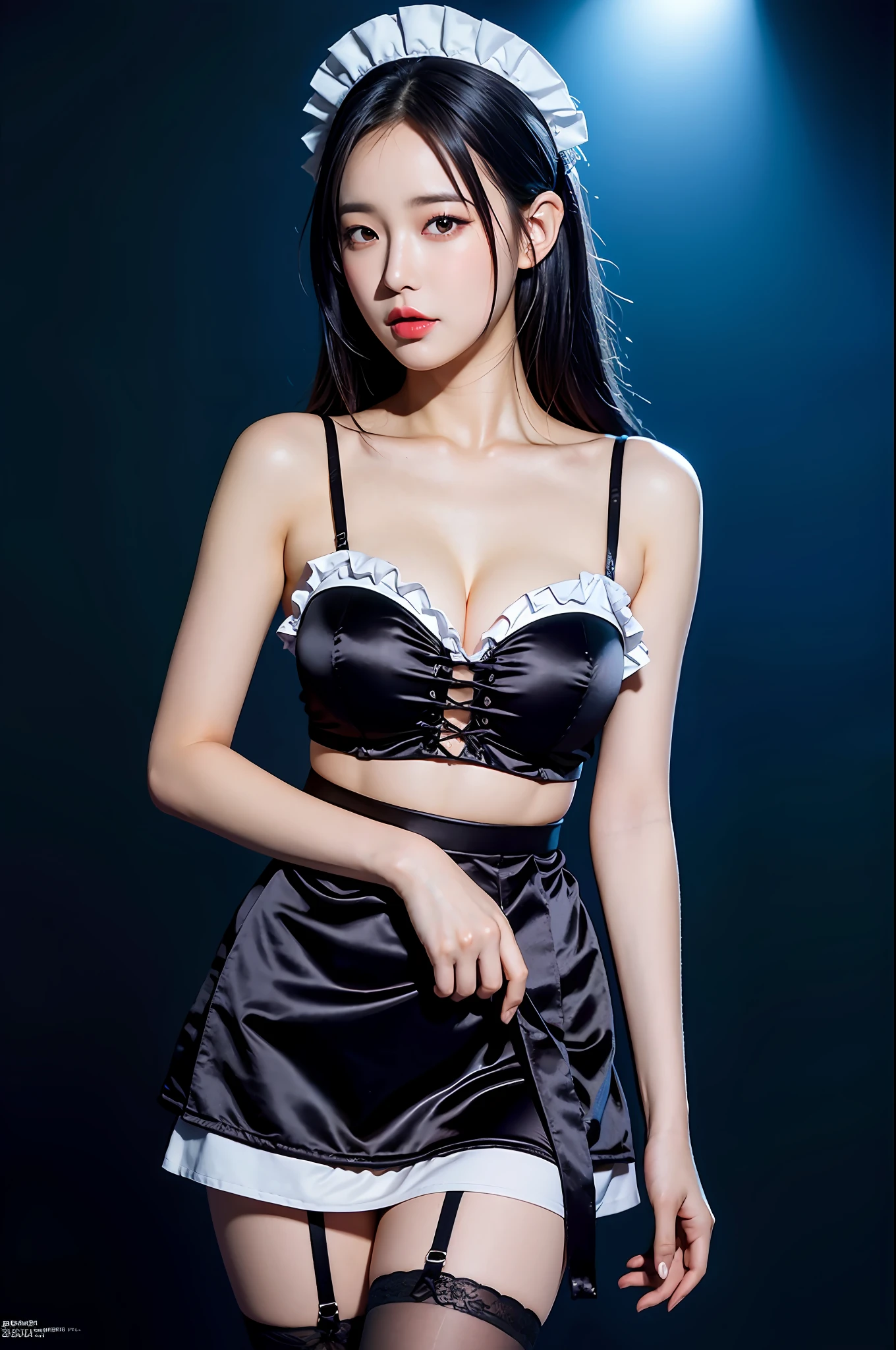 Best Quality, Super High Resolution, (Photorealistic:1.4), 1 Girl, (Complex Maid Outfit:1), Curvaceous, Busty, Black Hair, Looking at Viewer,
