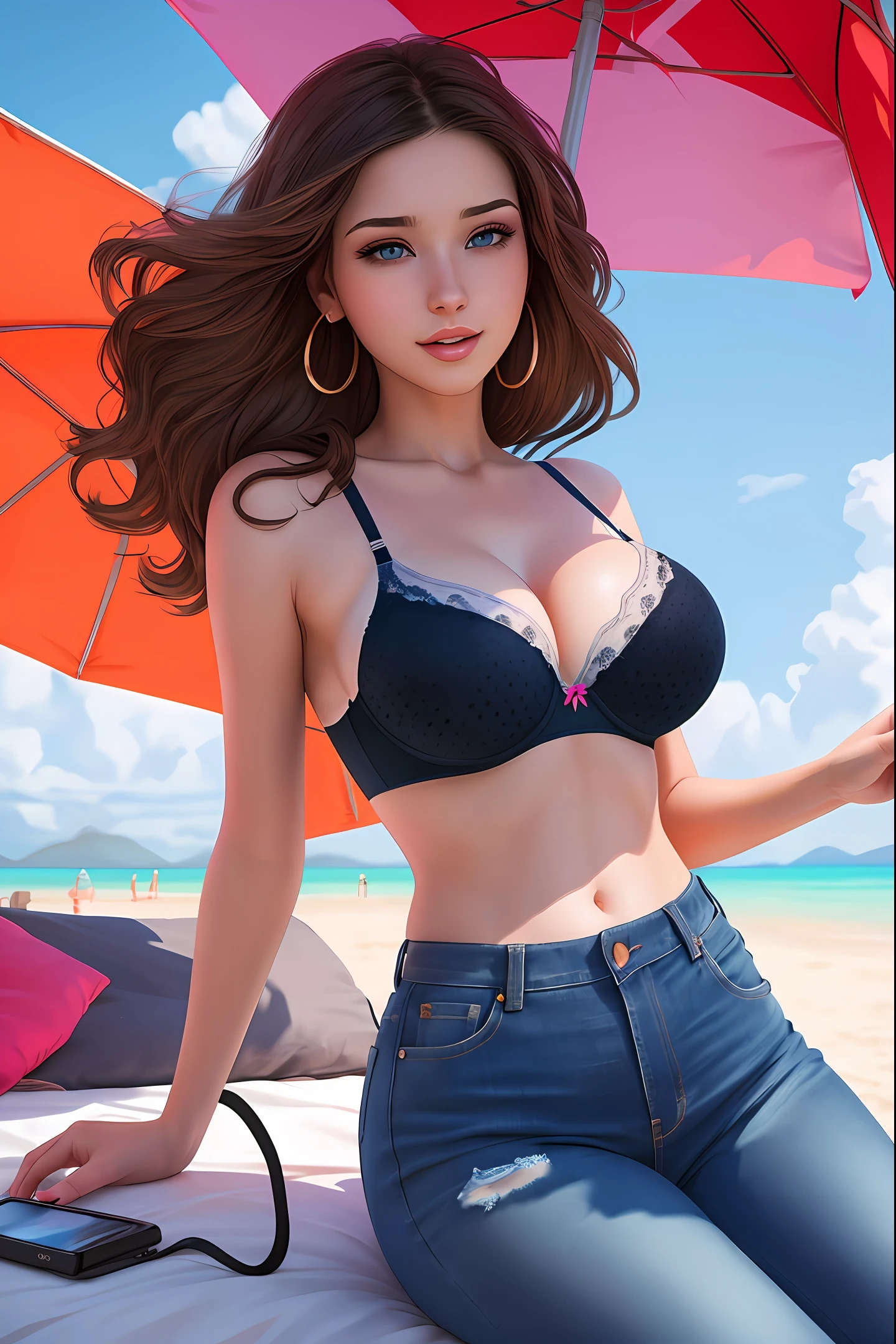 (Realistic: 1.4), Best Quality, Masterpiece, Ultra High Resolution, Soft Lighting, Bright Colors, , 1 Beautiful Young Woman, Unbound Hair, (Beautiful Brunette Hair: 1.4), Long Hair, Perfect Face, Perfect Figure, (Breast Exposure: 1.3), (Black Bra: 0.3), (Jeans: 1.4), (Split Legs: 1.5) (Beautiful Eyes: 1.4), [Shell Earrings], Professional Lighting, (Color Bubbles: 1.6), Beach, Blue Sky, White Clouds, LTRA Detailed, Fine Detail, Beautiful Detail, DSLR, Ultra High Resolution, (Most viewed Instagram: 1.3), CGSociety Trend, Surreal Photography,