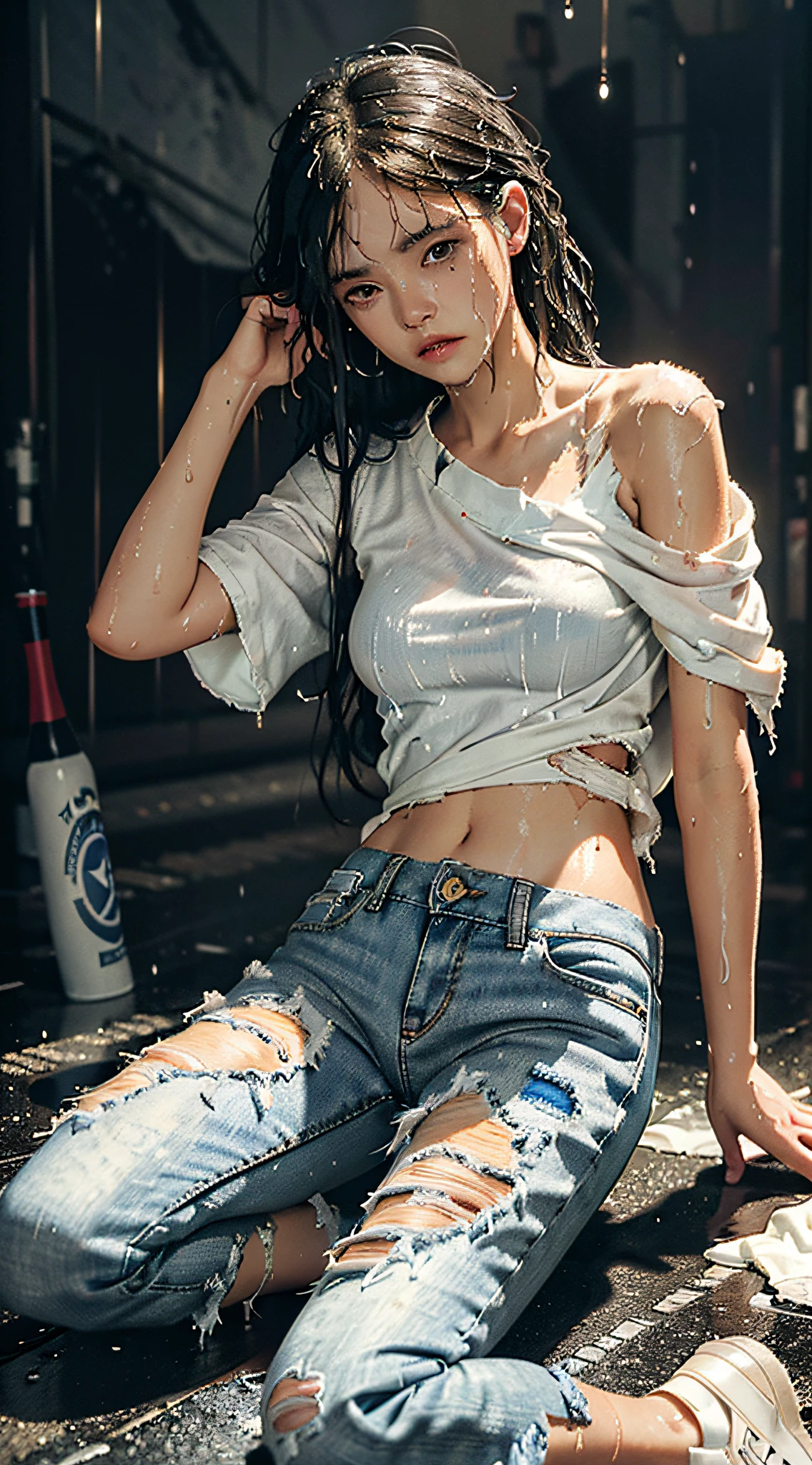 best image quality, masterpiece, super high resolution, (fidelity:1.4), photo, 1 girl, white shirt, torn jeans, white sneakers, dim, darkness, despair, pity, poor, movie, tears, teardrops, (torn clothes:1.5), (wet clothes:1.4), bare shoulders, real rain, wet hair,..
