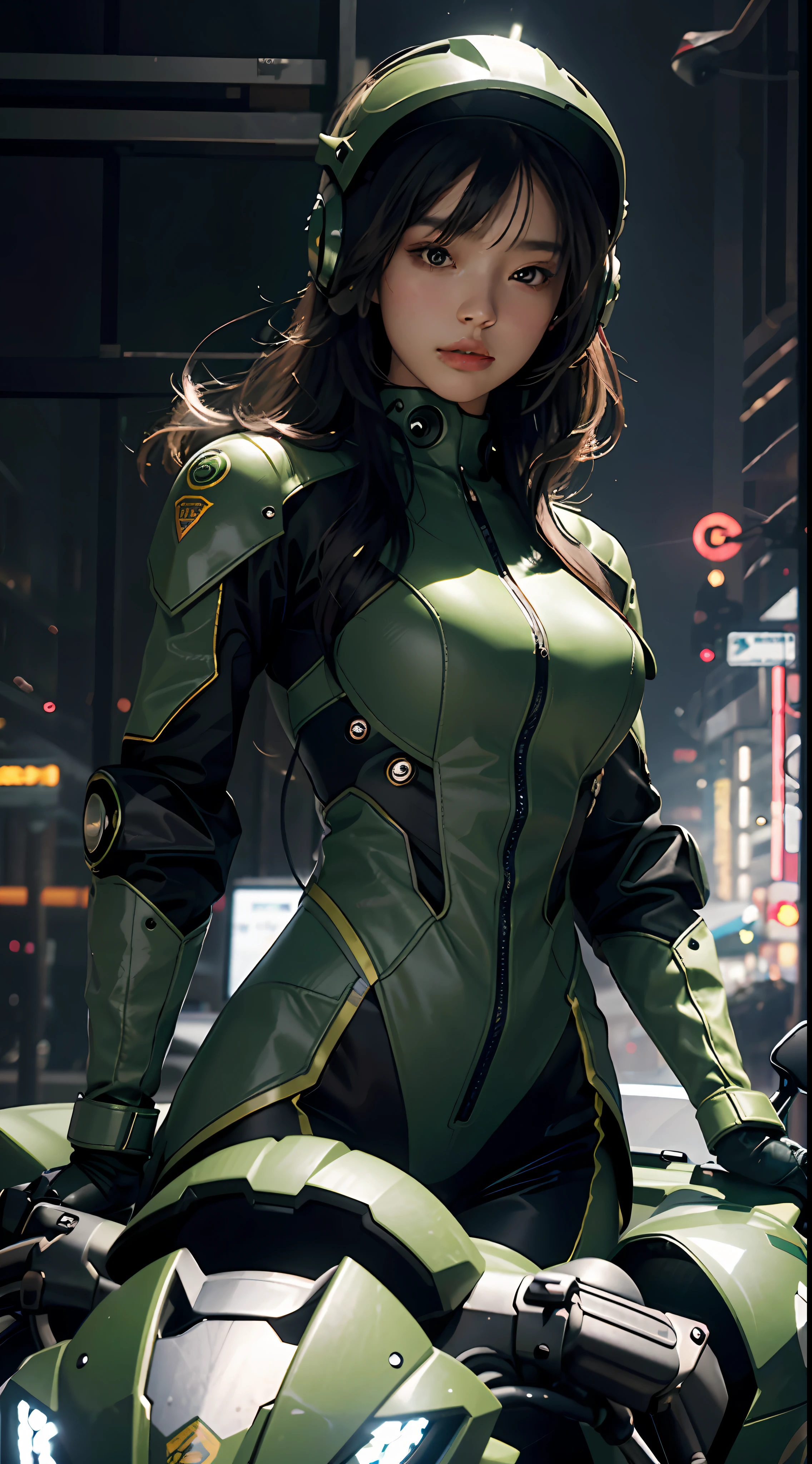 Highest image quality, outstanding details, ultra-high resolution, (realism: 1.4), the best illustration, favor details, highly condensed 1girl, with a delicate and beautiful face, dressed in a black and green mecha, wearing a mecha helmet, holding a directional controller, riding on a motorcycle, the background is a high-tech lighting scene of the future city.