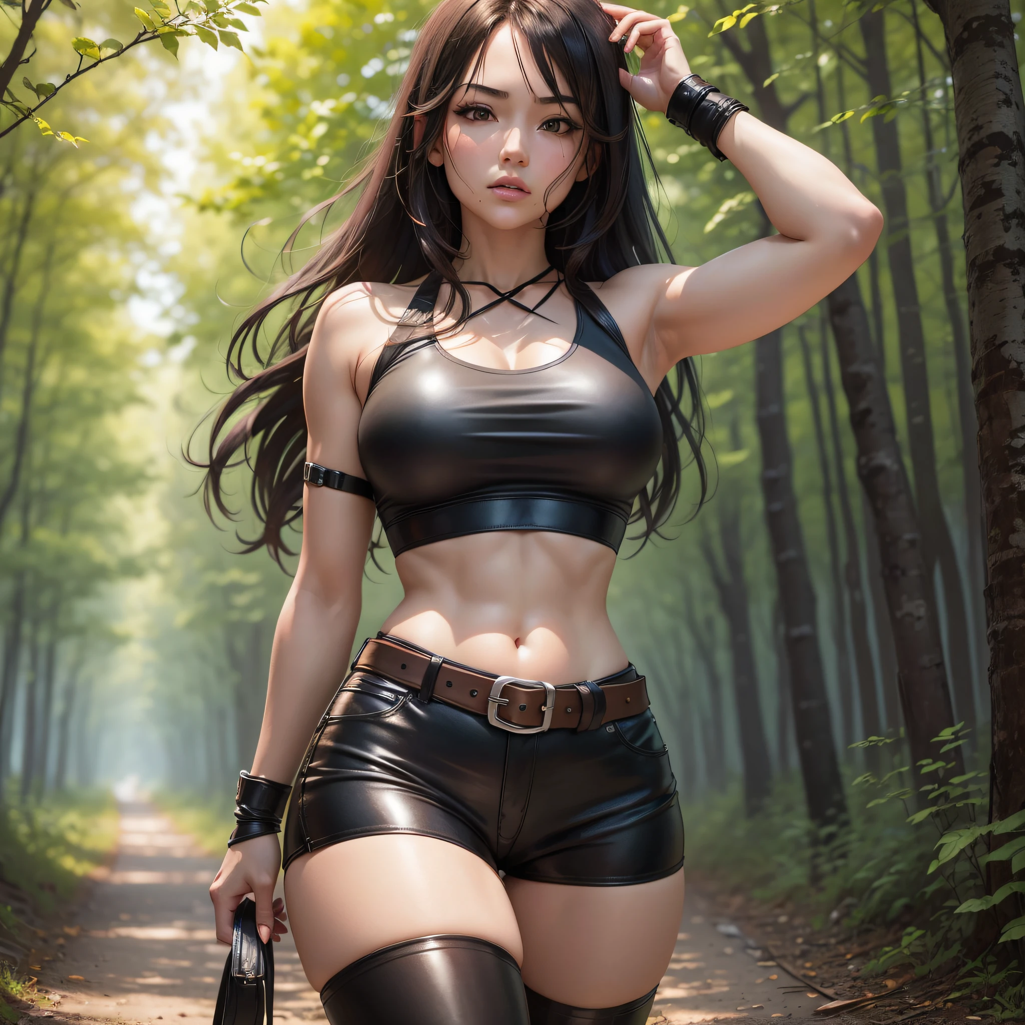 (shibari, arm behind back 1.4), (masterpiece, best quality) 1.5, 1girl, solo, (sexy, beautiful woman, perfect face, perfect eyes), tifa lockhart, black leather pants, , black leather belt, white tank top, black sneakers, walking in the woods, (reddish brown eyes, black hair, loose hair, long hair) --auto --s2
