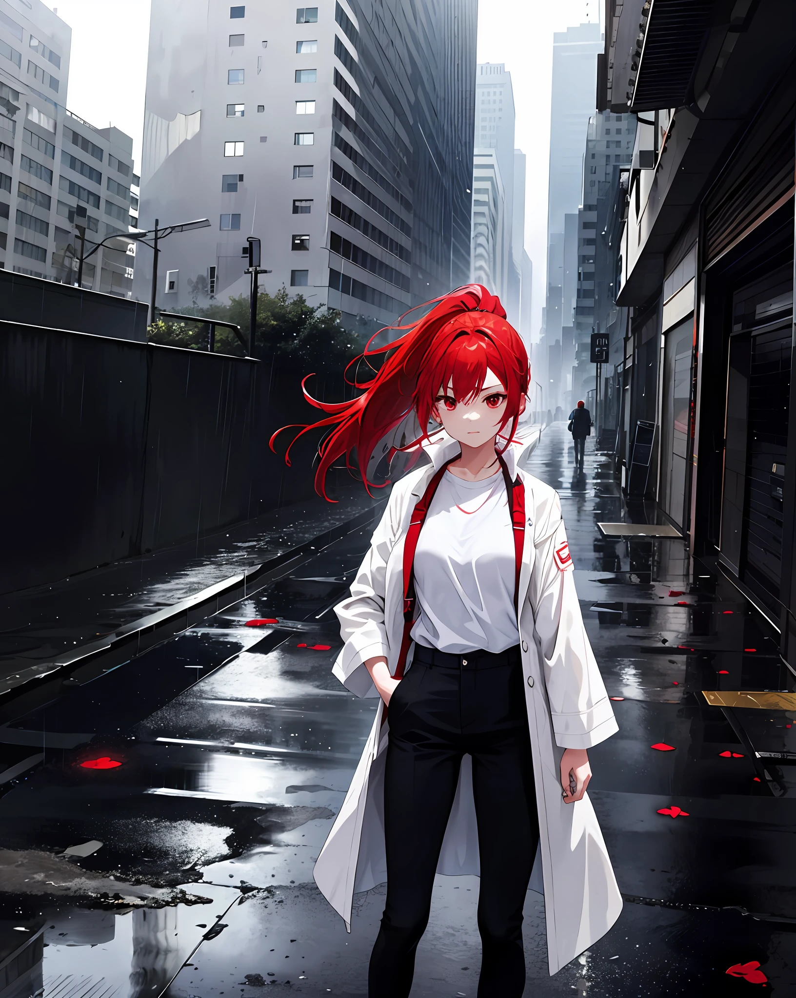 1girl,solo, standing,cowboy shot, prts, red hair, ponytail hair, red eyes, white shirt,white coat,outdoors,rain,cityscape, ruins,ruined_city,hand in pocket,