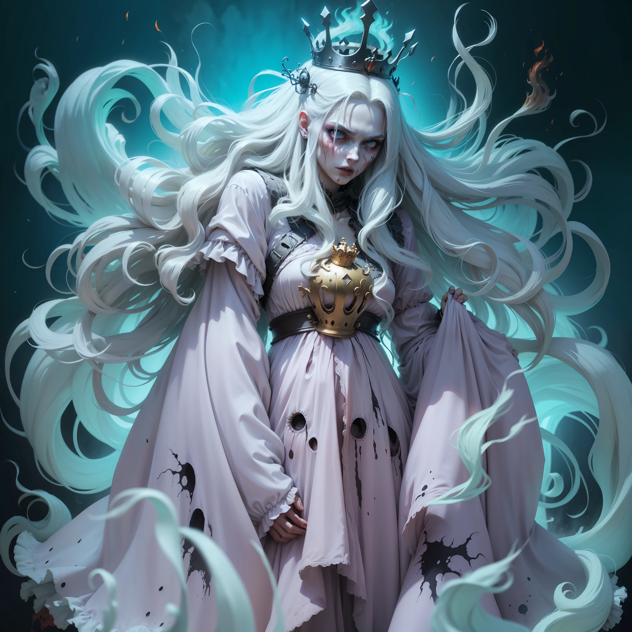 Zombie queen with a burning crown on her head and long, flowing hair with burning ends