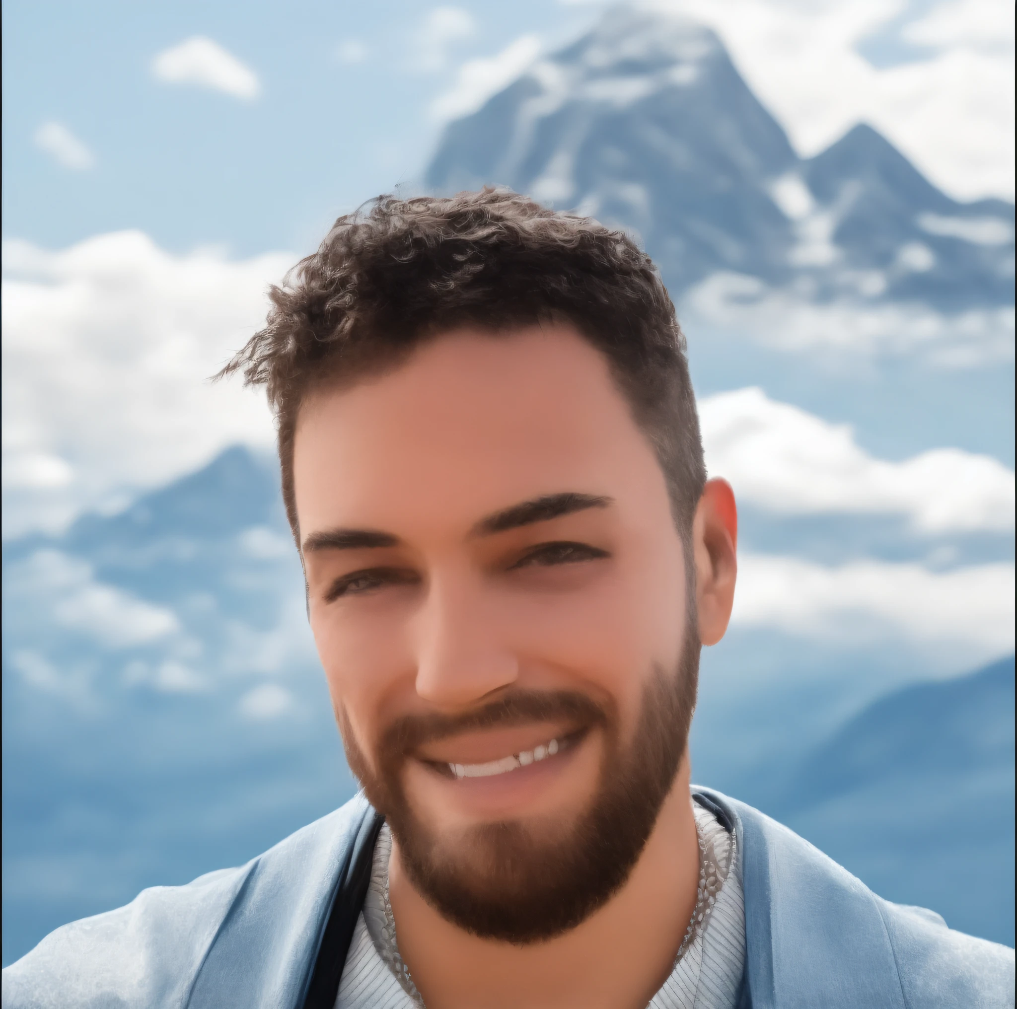 man with a beard and a smile in front of a mountain, high quality portrait, portrait of a young italian male, with mountains in the background, with mountains in background, mountains in the background, singer maluma, profile portrait, headshot profile picture, avatar image, headshot portrait,