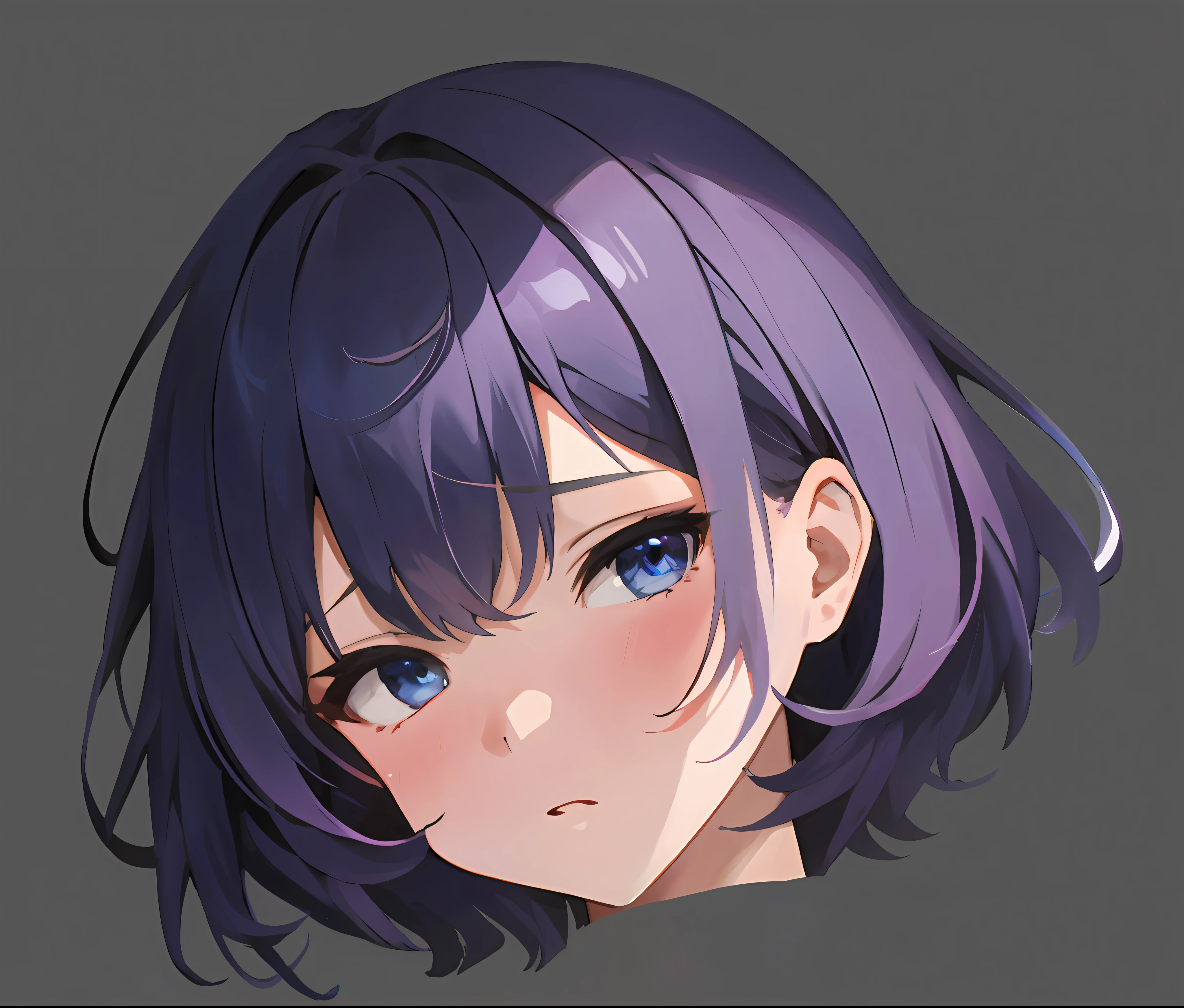 Anime girl with purple hair and blue eyes staring at something, anime moe art style,