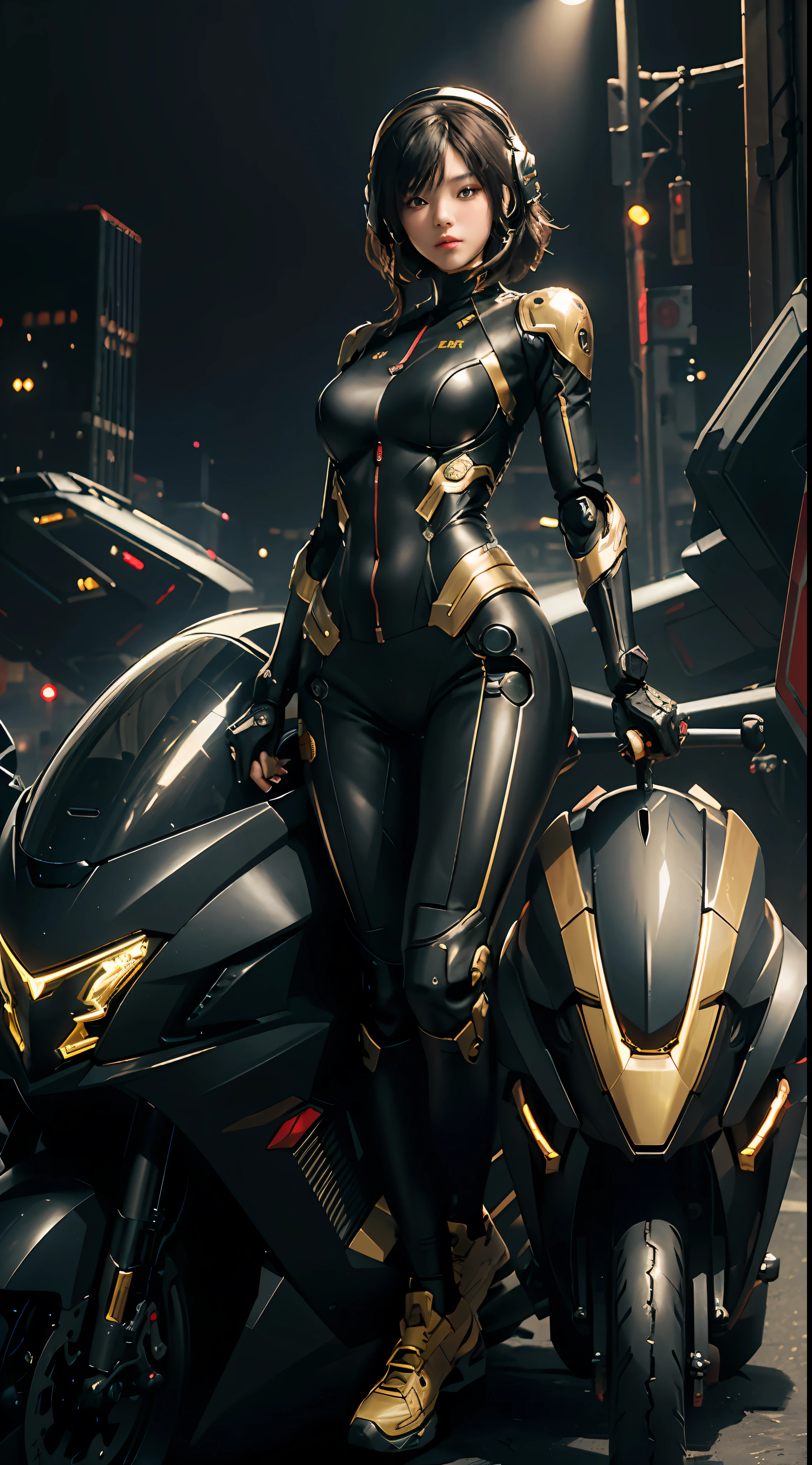 ((Masterpiece, Best Quality)), illustrations, ultra-detailed 8K, realistic, clear focus, professional lighting, colorful details, rainbow-colored BREAK factory super long shot, (1 large mechanical robot), microchip, computer, luminescence, intricate details, shitu-mecha, 1girl zoomed-down standing in front of the audience, navel,, (Realisticity: 1.4), the best illustration, favor details, highly condensed 1girl, with a delicate and beautiful face, dressed in a black and gold mecha, wearing a mecha helmet, holding a direction controller, riding on a motorcycle, the background is a high-tech lighting scene of the future city.
