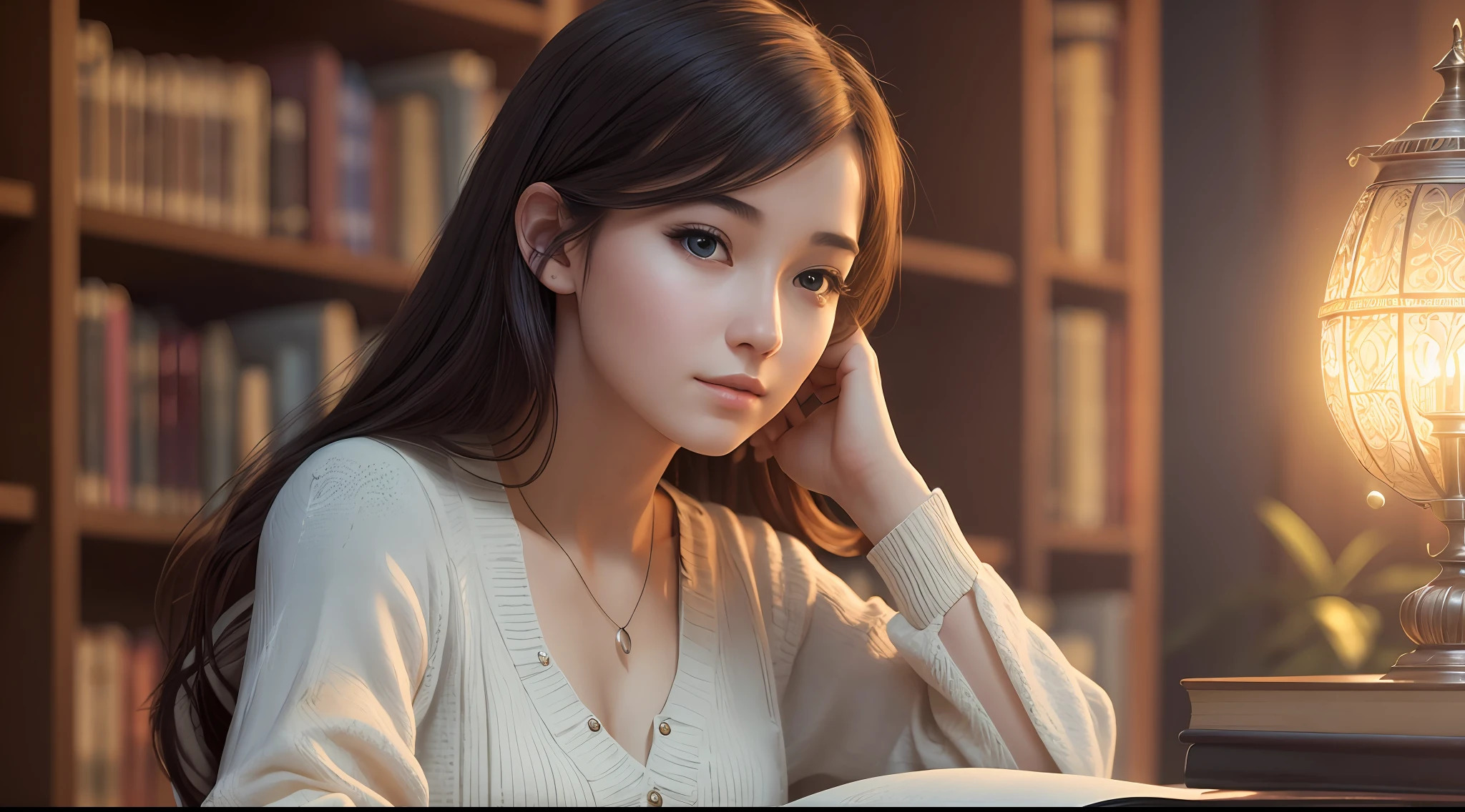 A young woman sitting at a desk with a bookcase in the background, twilight, warm atmosphere, cultural atmosphere, (masterpiece) (perfect proportions) (photo realistic) (best quality) (detail) (8k) (HDR) (wallpaper) (movie lighting) (sharp focus) (intricate) --auto --s2