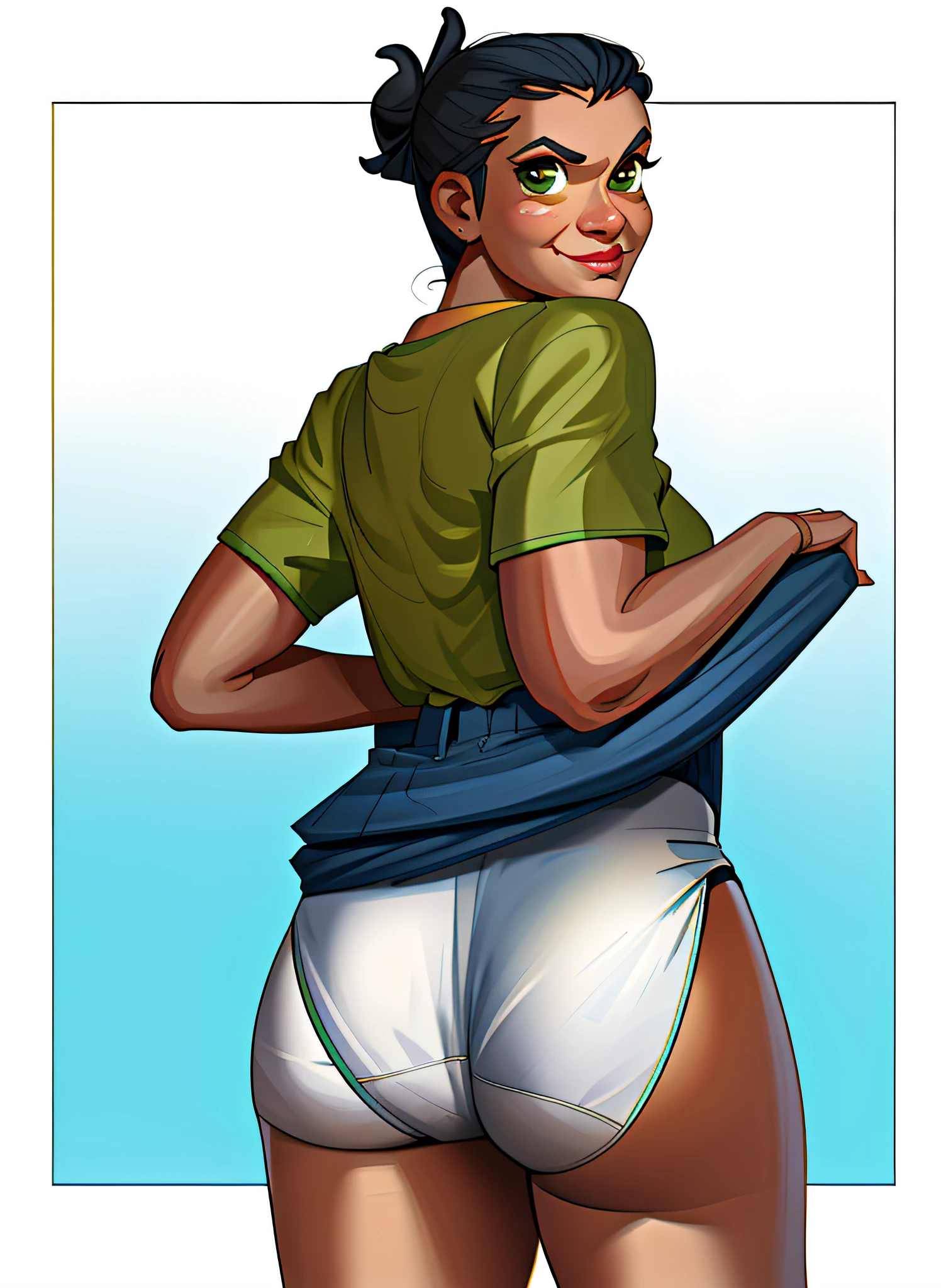 Brazilian Latina in yellow shirt lifting her blue skirt showing her big white cotton panties, anime art style, detailed wrinkles