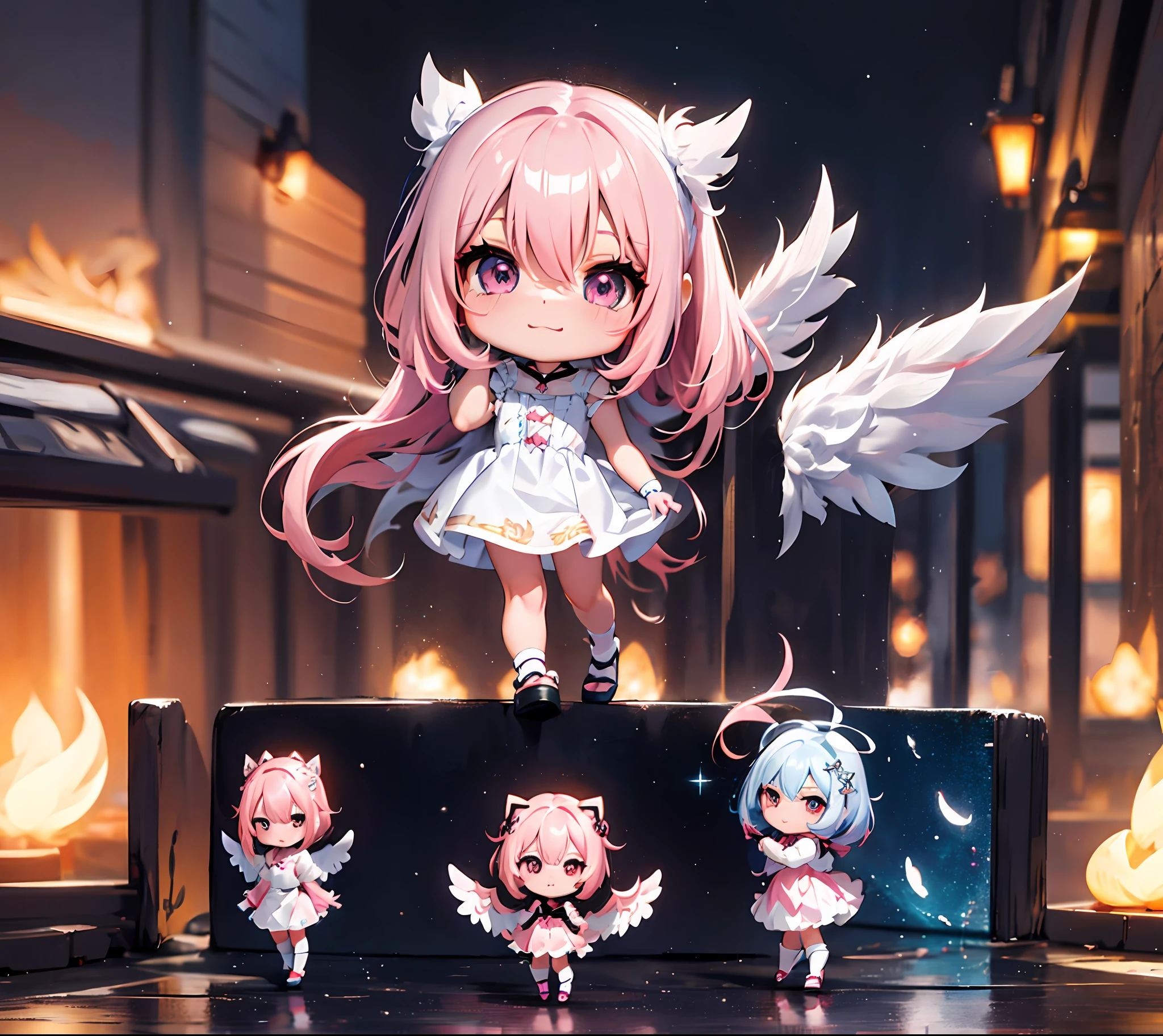 1 anime angel doll, (Chibi: 1.2), 8K high quality detail art, white feathers on the back, pink hair, gradient, twinkle, style as Nendoroid, stylized anime, anime style 4K, cute detailed digital art, Guweiz style artwork, 8K octar rendering photos, advanced digital chibi art, Cute 3d render, anime style, light, glow