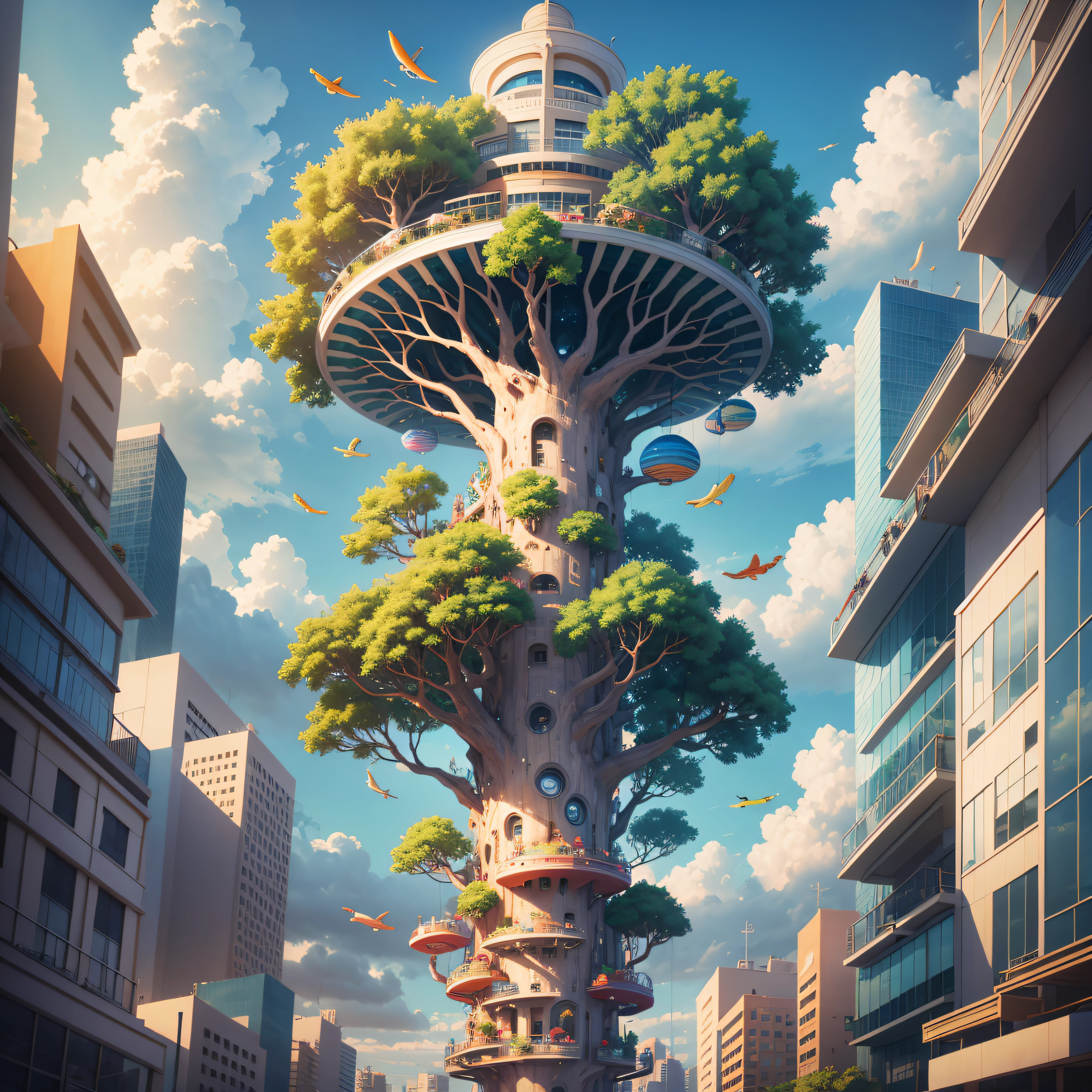 Sky City, Tree of Life, Suspended Multicolored Fish, --auto --s2
