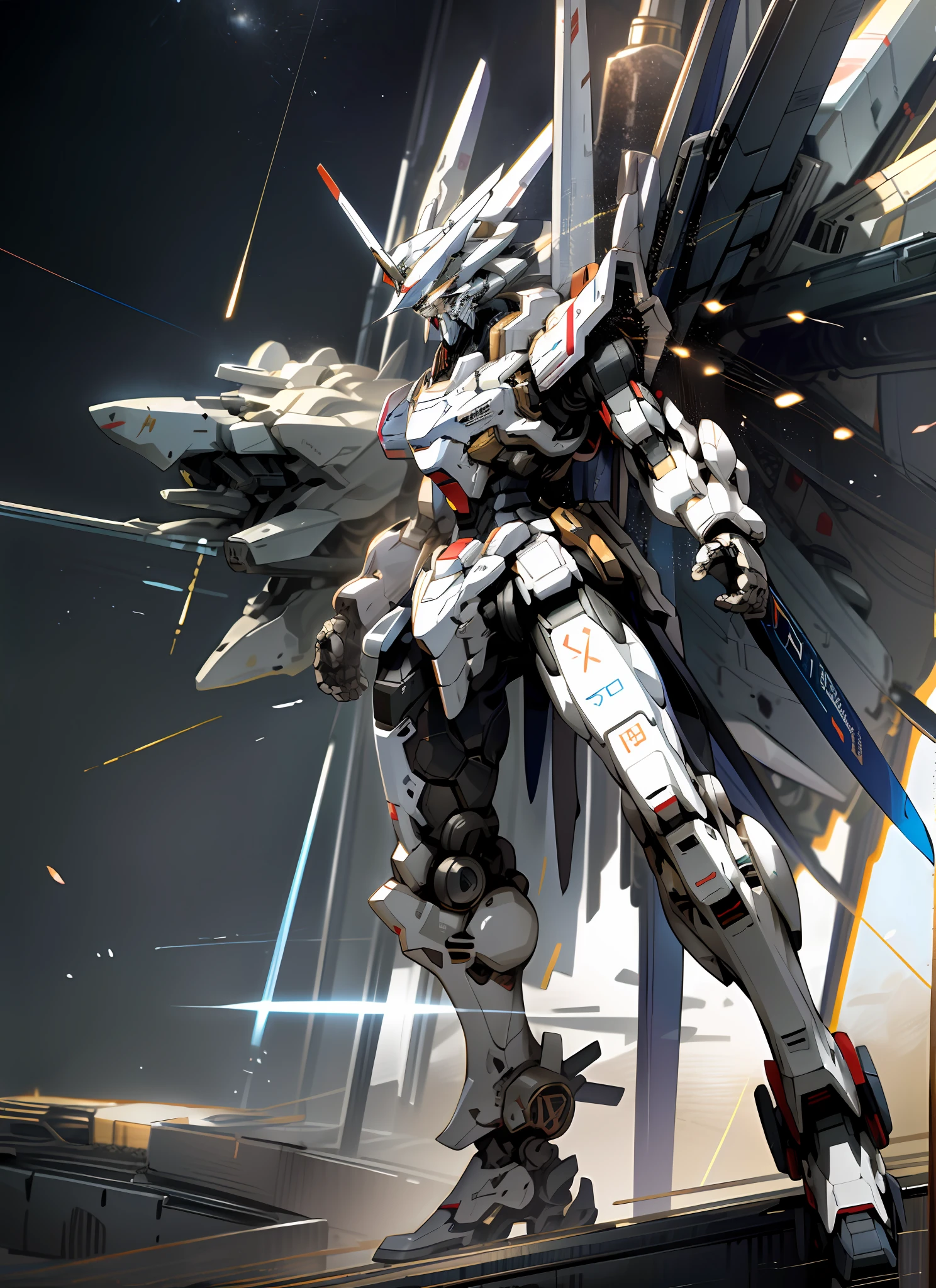 Surrealism, ray tracing, UHD, high details, 8k, best quality, textured skin, Gundam mech, mech ship, masterpiece, best quality, mecha, unmanned, (full body), (white mech: 1.8), (axisymmetry: 1.4), (HDR), (movie light: 1.1), white eyes, cool, science fiction, fire, laser cannon beam, war, conflict, Space looking down on the background of the earth with weapons in hand, (holding huge weapons: 1.5), holding oversized shields, mecha men, Gold
