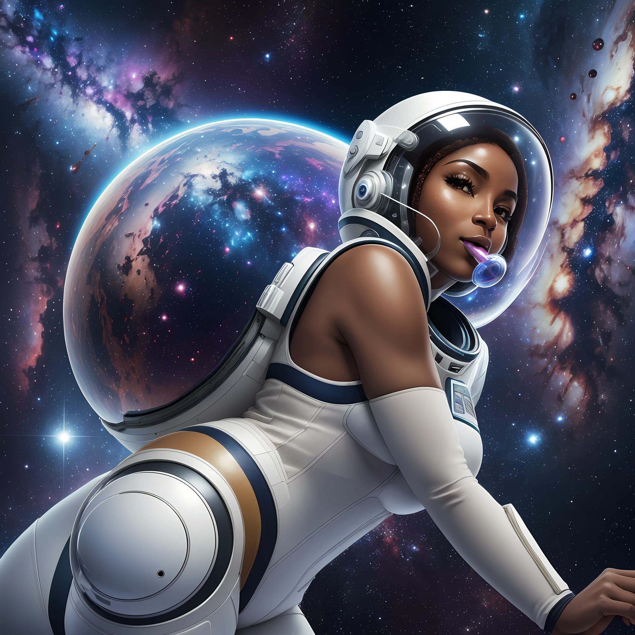 Realistic photo of Brazilian woman, Brown skin with big vesdita ass with futuristic space trage, space helmet, realistic detailed skin, paints in the mouth, space trage wet with sweat on the private parts, amphetated waist, thick thighs, realistic photo, details higher than 8k, real photography, background galaxies, vacuum of space resolution higher than 8k. --auto --s2