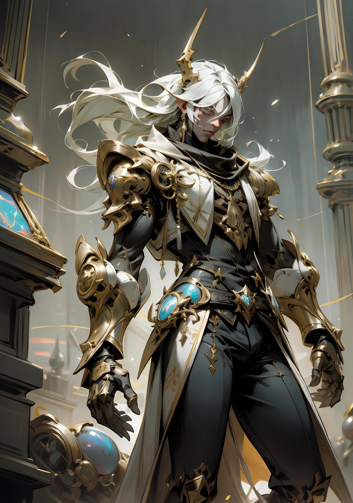 Style by Style-Empire, Style-Adventure, (symmetry:1.1) (floral portrait:1.05) a demon man, (assassins creed style:0.8), verbetter and gold and opal color scheme, intricate, elegant, highly detailed, digital painting, artstation, concept art, smooth, sharp focus, illustration, art by greg rutkowski, 8k (Style-Adventure:0.3), macabre effects, particle effects, ray tracing, masterpiece, best quality, ultra quality,  Absurd details, better light, better shadow, sharp, sharp image, detailed, extremely detailed, great resolution, 8K, 4K, UHD, Detailed robot, (full body)