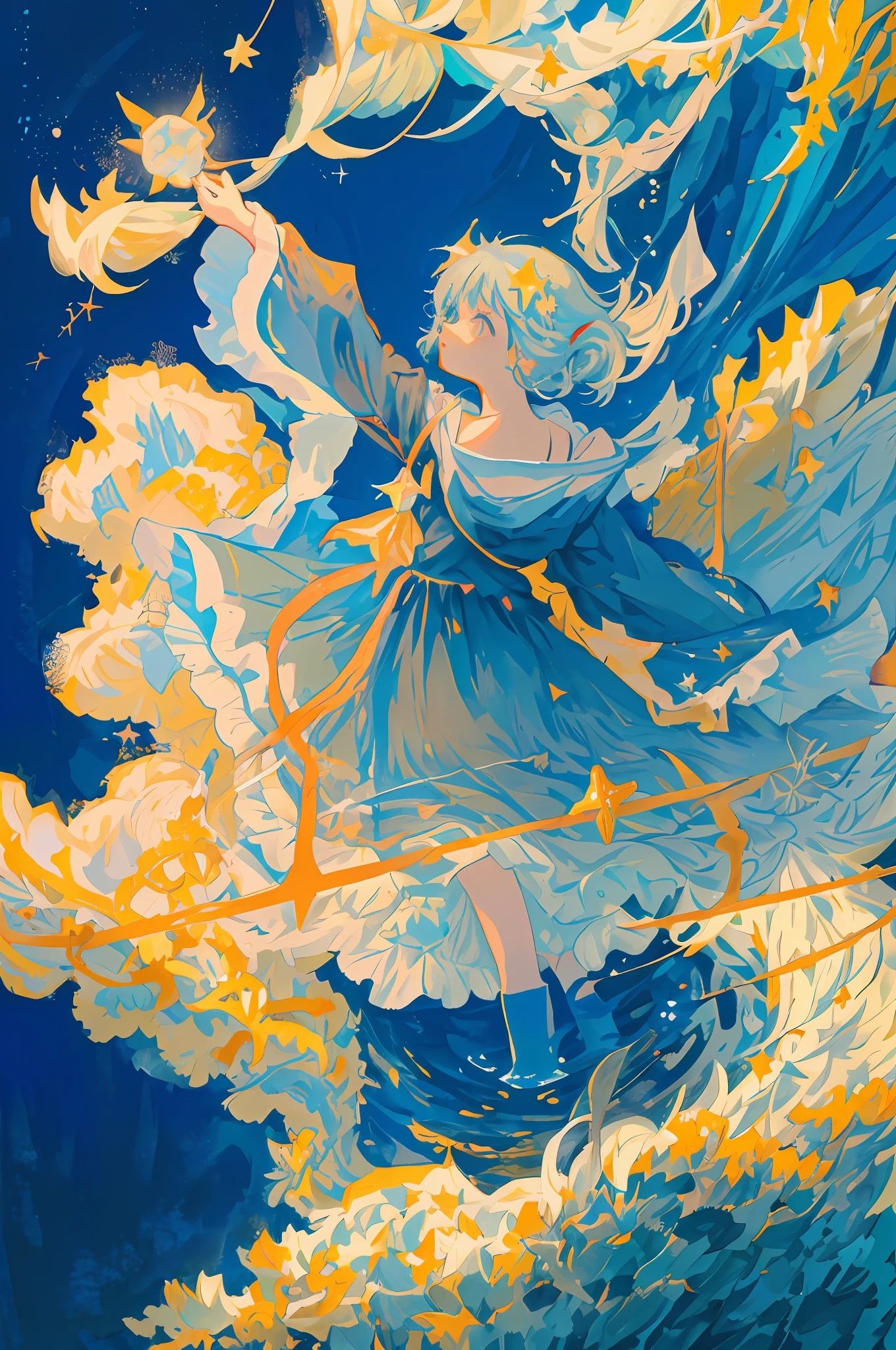 (Ghibli style, starry sky under the sea, 's back, one hand holding up the star, blue background: 0.2): flower-like colors, magnificent scenes, gorgeous tassels."