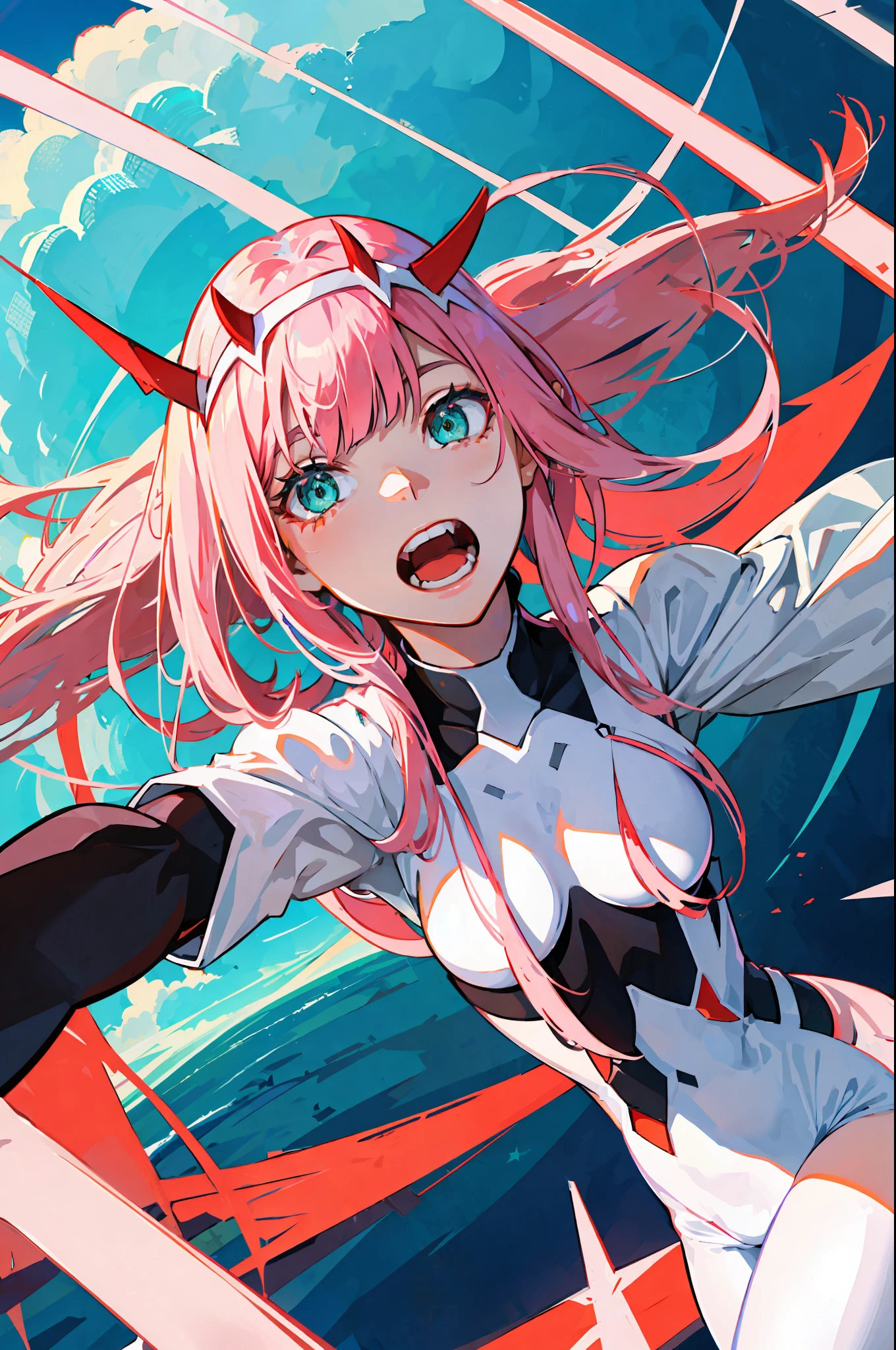 zero two \(darling on franxx\), darling on franxx, 1girl, fringe, selfie, bite, shadow, green eyes, hair behind head, horns, long hair, makeup, small breasts, pilot suit, white bodysuit, pink hair, red eyeshadow, science fiction, tight skin, solo