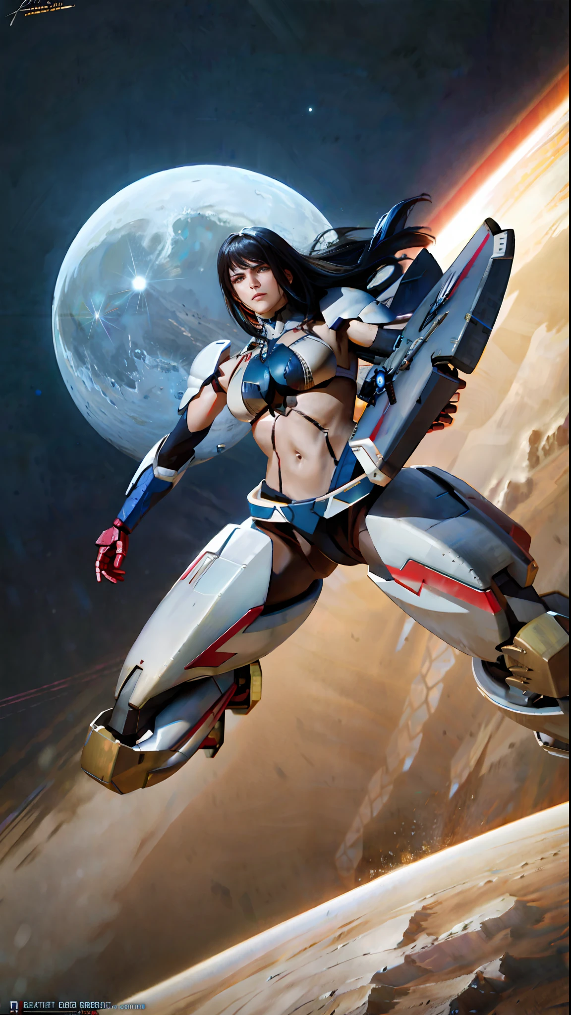 (((Masterpiece)),realistic extra detail photography , (solo exhibition: 1.4), (A beautiful woman wearing a bikini mech suit with a sexy body)))) long hair, cute girly face, stylish and threatening design, ((half-body,)) highly detailed, highly detailed background, combat, planet, hovering, a giant shield, shoulder armor, mechanical tailgate, science fiction, fighter jet flying over the earth in space, The background is the moon, concept art, space art,