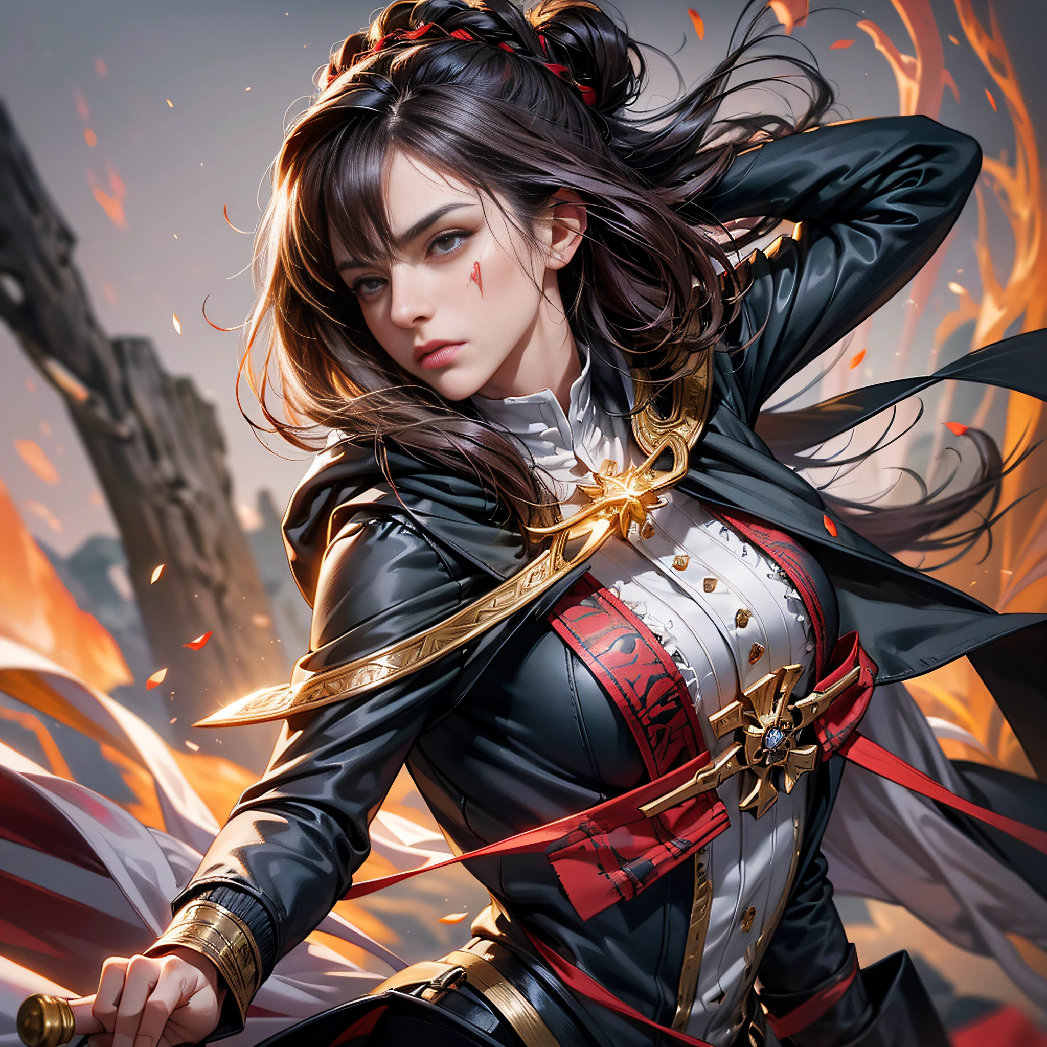 (ridiculous, high resolution, super detailed), 1woman, mature female, older, wavy long hair, dark brown hair, pink eyes, bangs, long sleeves, fine eyes and detailed face, very detailed CG uniform 8k wallpaper, intricate details, portrait, (Blood Scar: 0.7), Overlook, Solo, Upper Body, Detailed Background, Firm Expression, Assassin's Creed, Assassin, Hidden Wrist Blade, Black Rugged Assassin Suit, Hood, Shawl, Knife, Revolutionary, Dynamic Pose, Caribbean Island Setting, Golden Age of Pirates, Closed Door in Background, Dust, Portrait, Wind Spinning, Jade Foot --auto --s2