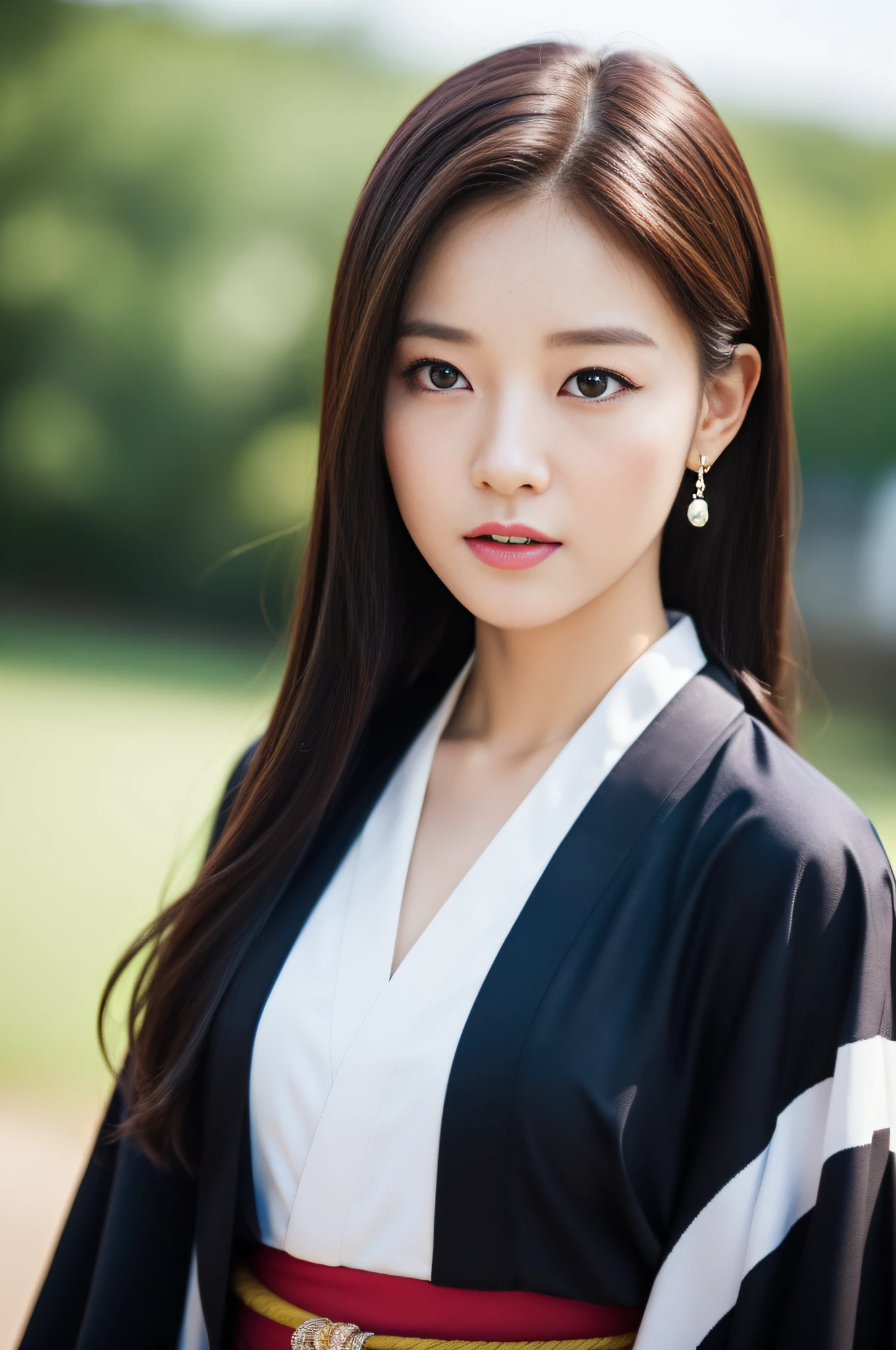 ((Best Quality, 8K, Masterpiece: 1.3)), Sharp Focus: 1.2, (Super Beautiful Face: 1.0), (Glossy Skin: 1.0), Realistic Photos, Black Hair, Realistic Pupils, Movie Lighting, Highly Detailed Eyes and Faces, Movie Lighting, (Cowboy Shot: 1.0), (Kimono, Hakama, Obi: 1.3), (Korean Cute Actress)