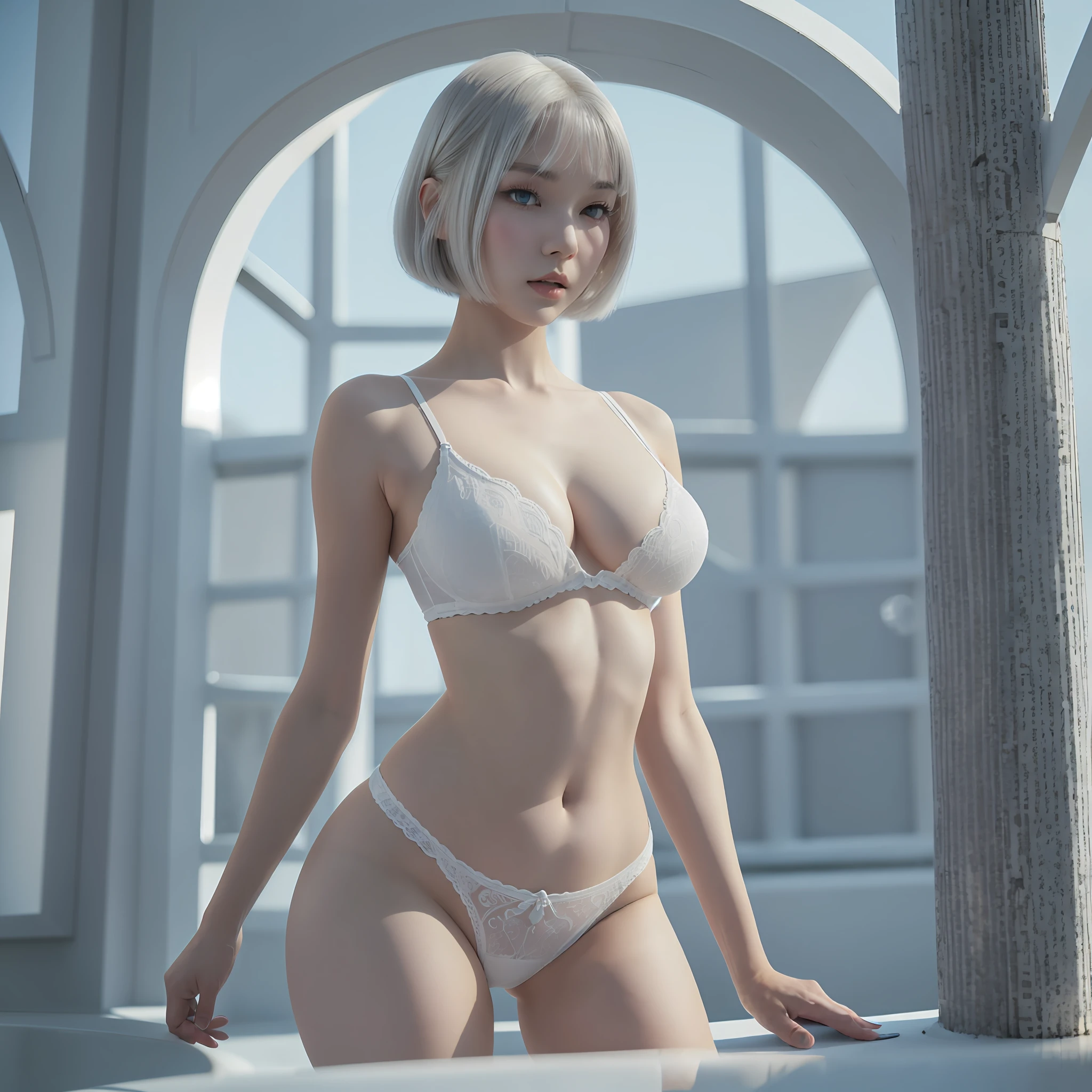 Top Quality, 3D, Solo, Perfect Beautiful Girl, Silver Bob Cut, Snow-White Skin, Slender, Big, Big Hips, Areola, White Underwear, Erotic, Blue Sky --auto --s2