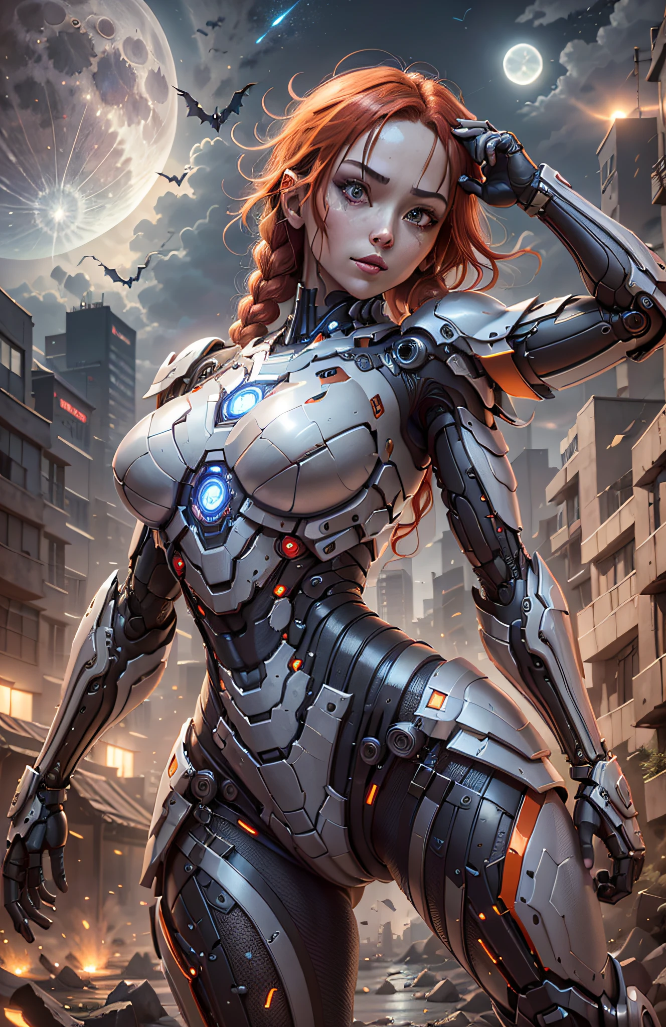 (Best Quality)), ((Masterpiece)), (Very Detailed: 1.3), 3D, Beautiful cyberpunk woman, Iron Man cosplay, sci-fi technology, HDR (High Dynamic Range), ray tracing, nvidia RTX, super resolution, unreal 5, subsurface scattering, PBR texture, post-processing, anisotropic filtering, depth of field, maximum sharpness and sharpness, multi-layer texture, specular and albedo mapping, surface shading, accurate simulation of light-material interactions,  perfect proportions, octane rendering, duotone lighting, low ISO, white balance, rule of thirds, wide aperture, 8K RAW, high efficiency subpixels, subpixel convolution, light particles, light scattering, Tyndall effect, very sexy bikini, full body, battle pose, red hair with braids, bats in the sky notuno, full moon,