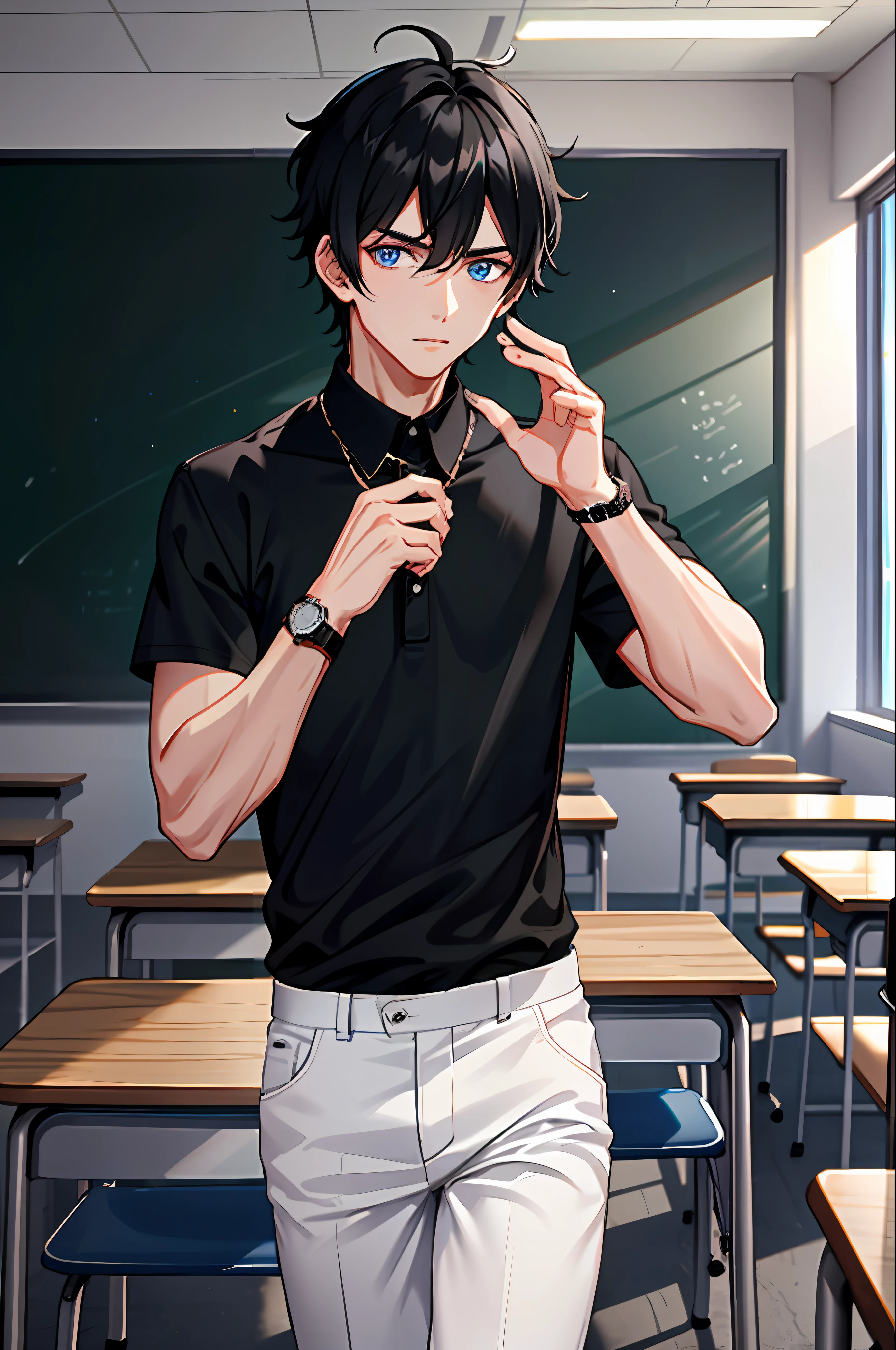 1boy, black hair, black shirt, blue eyes, pants, shirt, white pants, watch, messy hair, 8k resolution, classroom, shabby classroom, fierce, push the classmates all out, hard