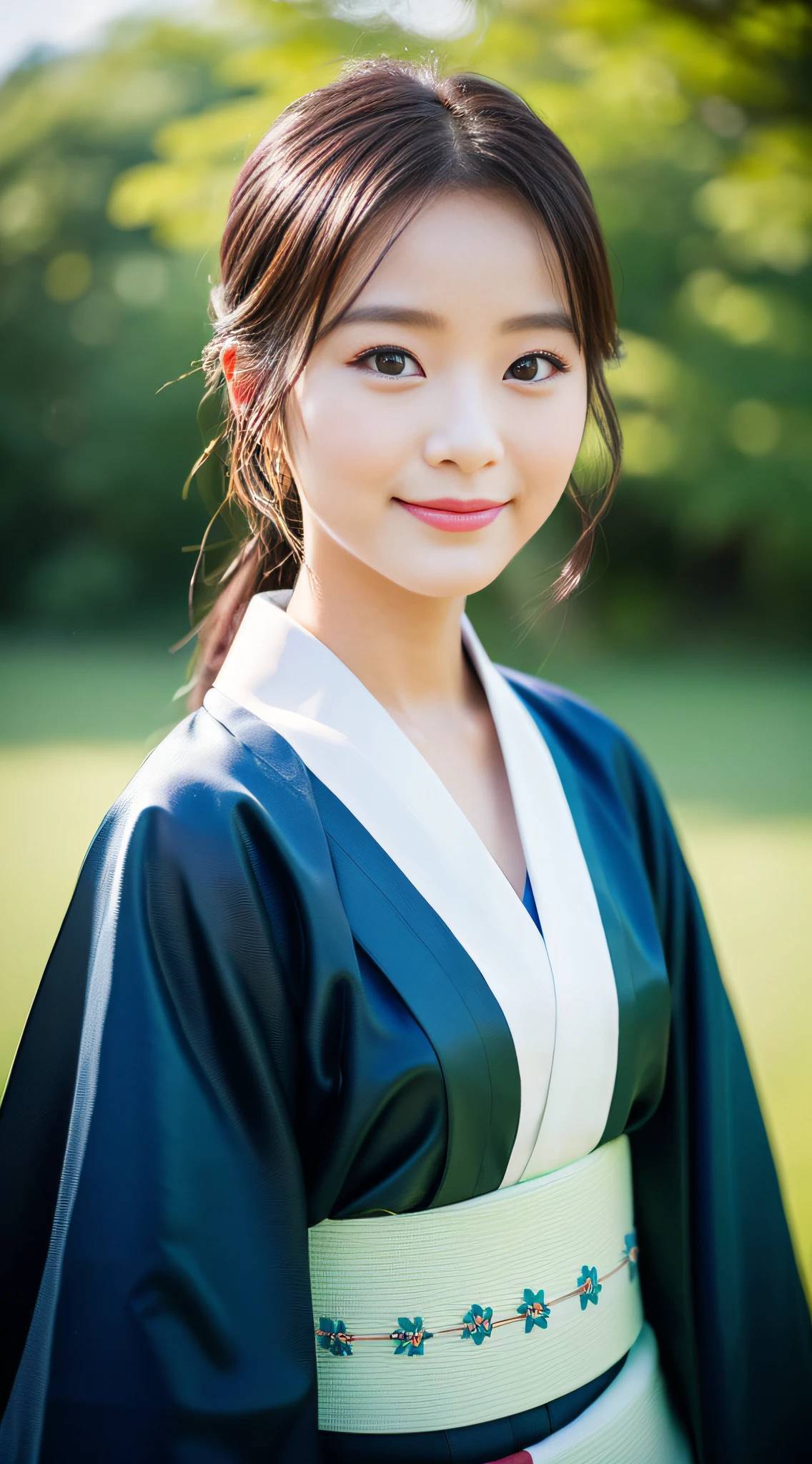 ((Top Quality, 8K, Masterpiece: 1.3)), Sharp Focus: 1.2, (Super Beautiful Face: 1.0), (Slender Abs Beauty: 1.0), (Shiny Skin: 1.0), Realistic Photography, Black Hair, Realistic Pupils, Video Lighting, High Definition Eyes and Face, Video Lighting, (Cowboy Shot: 1.3), (kimono, hakama, obi: 1.4), (Korean Cute Actress), in nature, traditional kimono, happy, Looking at the audience, head on,