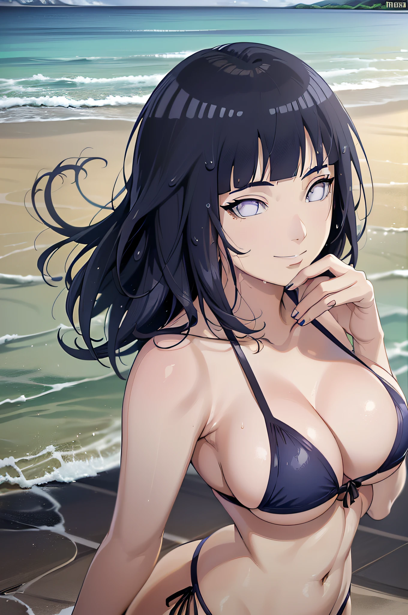 (masterpiece, 1k, anime style:1.9, bold drawing lines, plain, bare body, (hands over tits, less clothing, rough shadows, wearing cloth, bare shoulders, beach, sea, soaked, soaked face, polished nails, seductive, white micro bikini, no shirt, cute smile), hinata\(boruto\), mature female, standing, adjusting top, milf, (curvy:0.8), solo, short hair, hime cut, (dark blue hair color:1.1), white, big breasts, flat belly, perfect eyes, anime eyes, smoky eyeliner, eyeshadow, perfect face, shy, sharp focus, professional artwork, intricate details, colorful, vibrant colors, vivid colors, digital blending, ultra detailed body, ultra detail hair, ultra detail face, trending on pixiv, kind smile, happy, very hot colors, sunrays, leaning backward