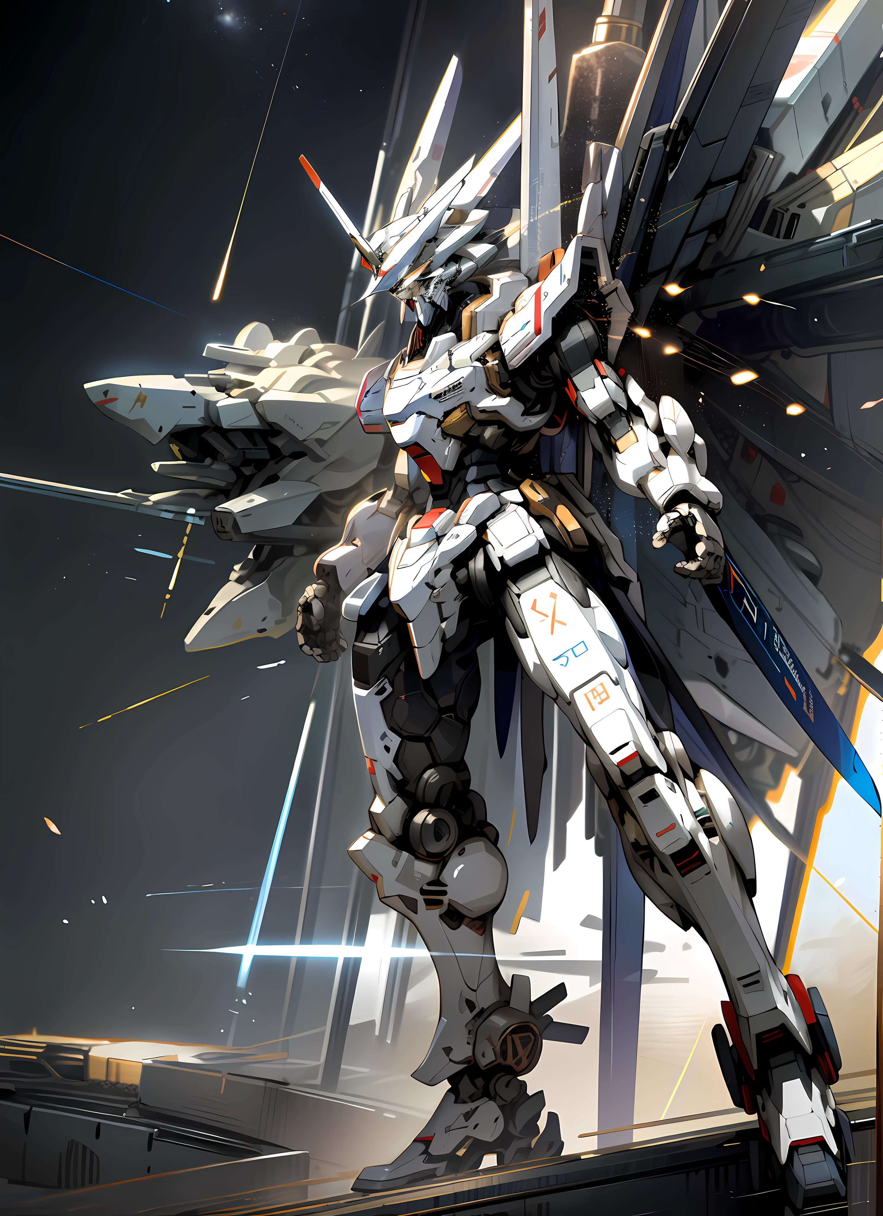 Surrealism, ray tracing, UHD, high details, 8k, best quality, textured skin, Gundam mech, mech ship, masterpiece, best quality, mecha, unmanned, (full body), (white mech: 1.8), (axisymmetry: 1.4), (HDR), (movie light: 1.1), white eyes, cool, science fiction, fire, laser cannon beam, war, conflict, Space looking down on the background of the earth with weapons in hand, (holding huge weapons: 1.5), holding oversized shields, mecha men, Gold