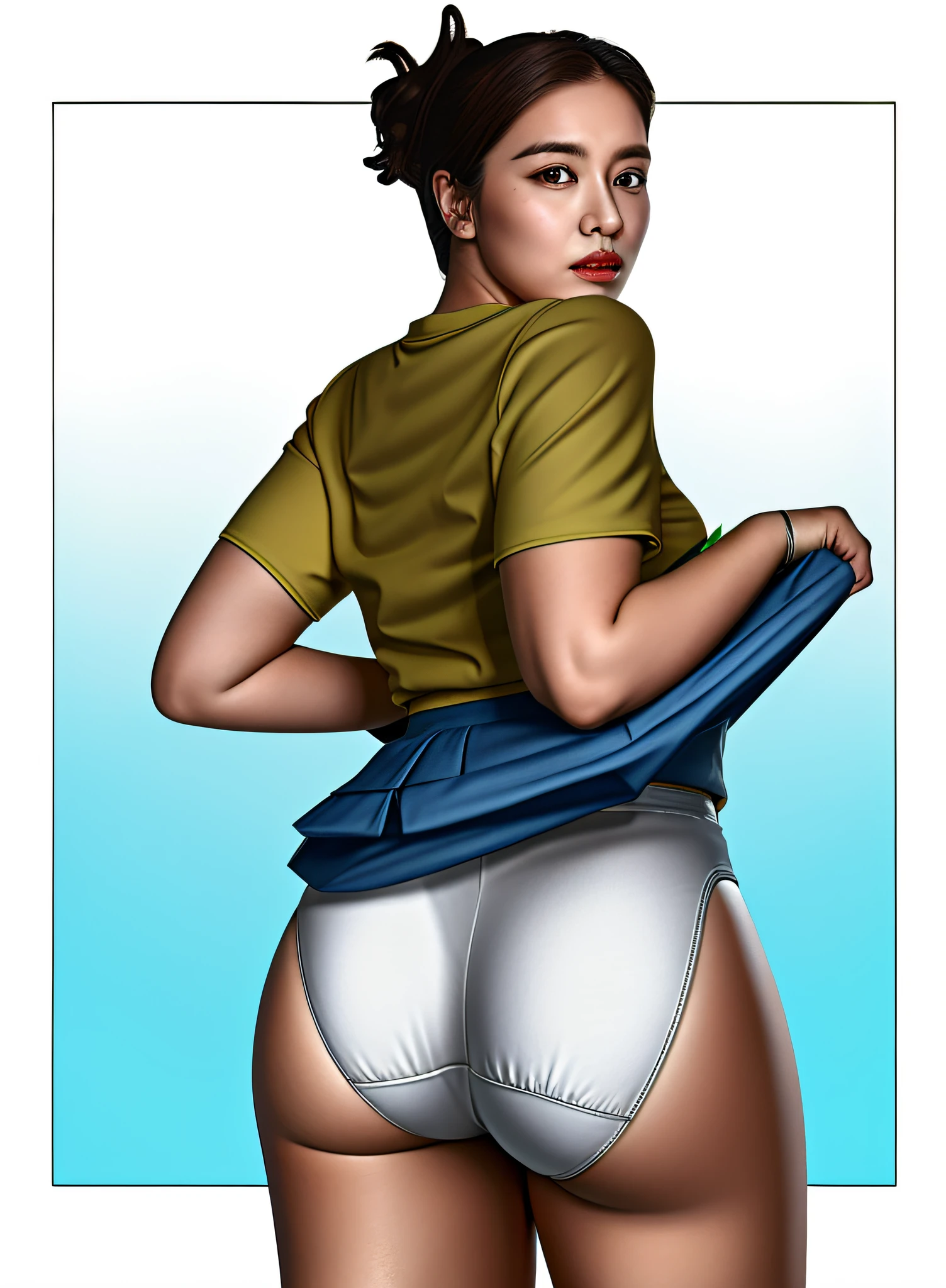 Brazilian Latina in yellow shirt lifting her blue skirt showing her big white cotton panties, photo realistic art style, detailed wrinkles