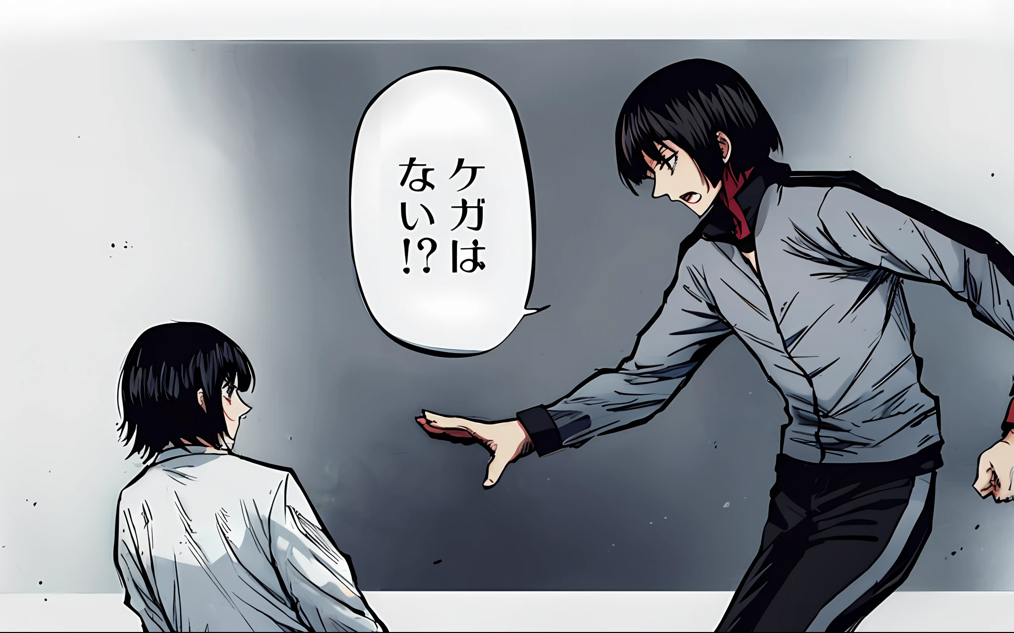 anime drawing of a man and a woman standing next to each other, black hair, color manga, manga color, color manga, color manga panel