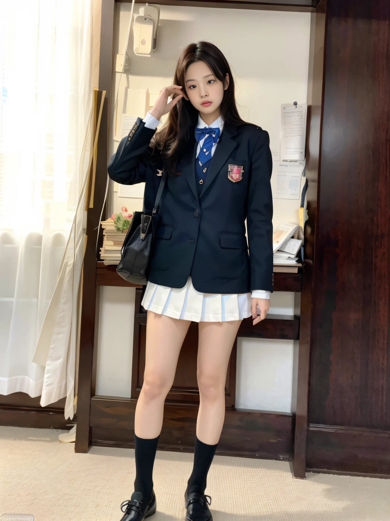 ulzzang-6500-v1.1, (raw photo:1.2), (photorealistic:1.4), beautiful detailed girl, very detailed eyes and face, beautiful detailed eyes, ridiculous, incredibly ridiculous, huge file size, super detailed, high resolution, very detailed, best quality, masterpiece, kemomimi, jennie face, wearing ((Japanese girls' high school uniform)), standing pose, full body, illustration, Very detailed, CG, unity, 8k wallpaper, amazing, fine details, masterpiece, best quality, very detailed CG unified 8k wallpaper, face light, movie lighting, 1girl, (((dynamic pose))),