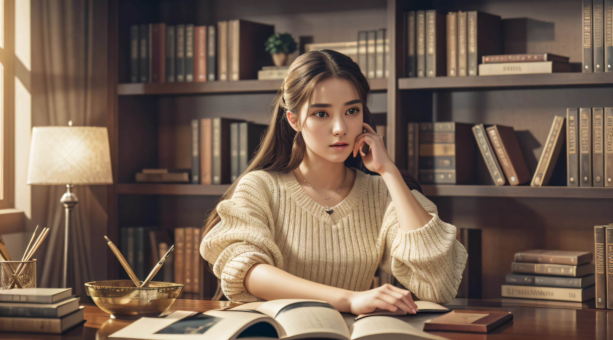 A young woman sitting at a desk with a bookcase in the background, twilight, warm atmosphere, cultural atmosphere, (masterpiece) (perfect proportions) (photo realistic) (best quality) (detail) (8k) (HDR) (wallpaper) (movie lighting) (sharp focus) (intricate) --auto --s2