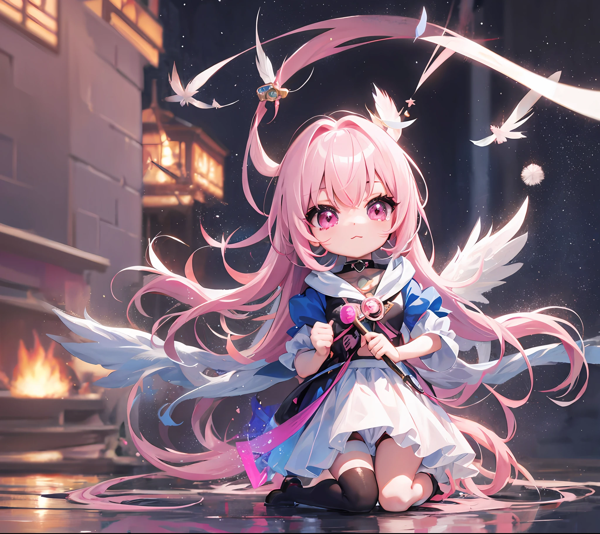 1 anime angel doll, (Chibi: 1.2), 8K high quality detail art, white feathers on the back, pink hair, gradient, twinkle, style as Nendoroid, stylized anime, anime style 4K, cute detailed digital art, Guweiz style artwork, 8K octar rendering photos, advanced digital chibi art, Cute 3d render, anime style, light, glow