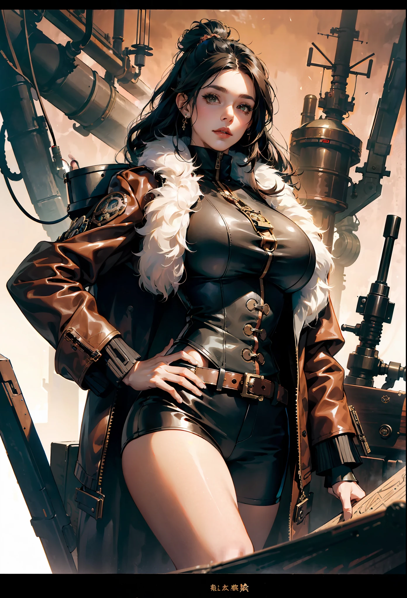 here is a woman in a leather jacket standing in a room, steampunk beautiful anime woman, portrait of lady mechanika, like lady mechanika, by Yang J, female cyberpunk anime girl, stunning character art, cyberpunk anime girl mech, high quality steampunk art, cyberpunk anime girl, steampunk fantasy style, steampunk concept art, wojtek fus,(((tetas gigantescas caidas con los pezones en punta marcados bajo la ropa, )))