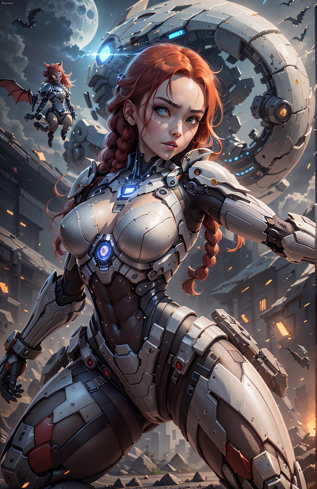 (Best Quality)), ((Masterpiece)), (Very Detailed: 1.3), 3D, Beautiful cyberpunk woman, Iron Man cosplay, sci-fi technology, HDR (High Dynamic Range), ray tracing, nvidia RTX, super resolution, unreal 5, subsurface scattering, PBR texture, post-processing, anisotropic filtering, depth of field, maximum sharpness and sharpness, multi-layer texture, specular and albedo mapping, surface shading, accurate simulation of light-material interactions, perfect proportions, octane rendering, duotone lighting, low ISO, white balance, rule of thirds, wide aperture, 8K RAW, high efficiency subpixels, subpixel convolution, light particles, light scattering, Tyndall effect, very sexy bikini, full body, battle pose, red hair with braids, bats in the sky notuno, full moon,