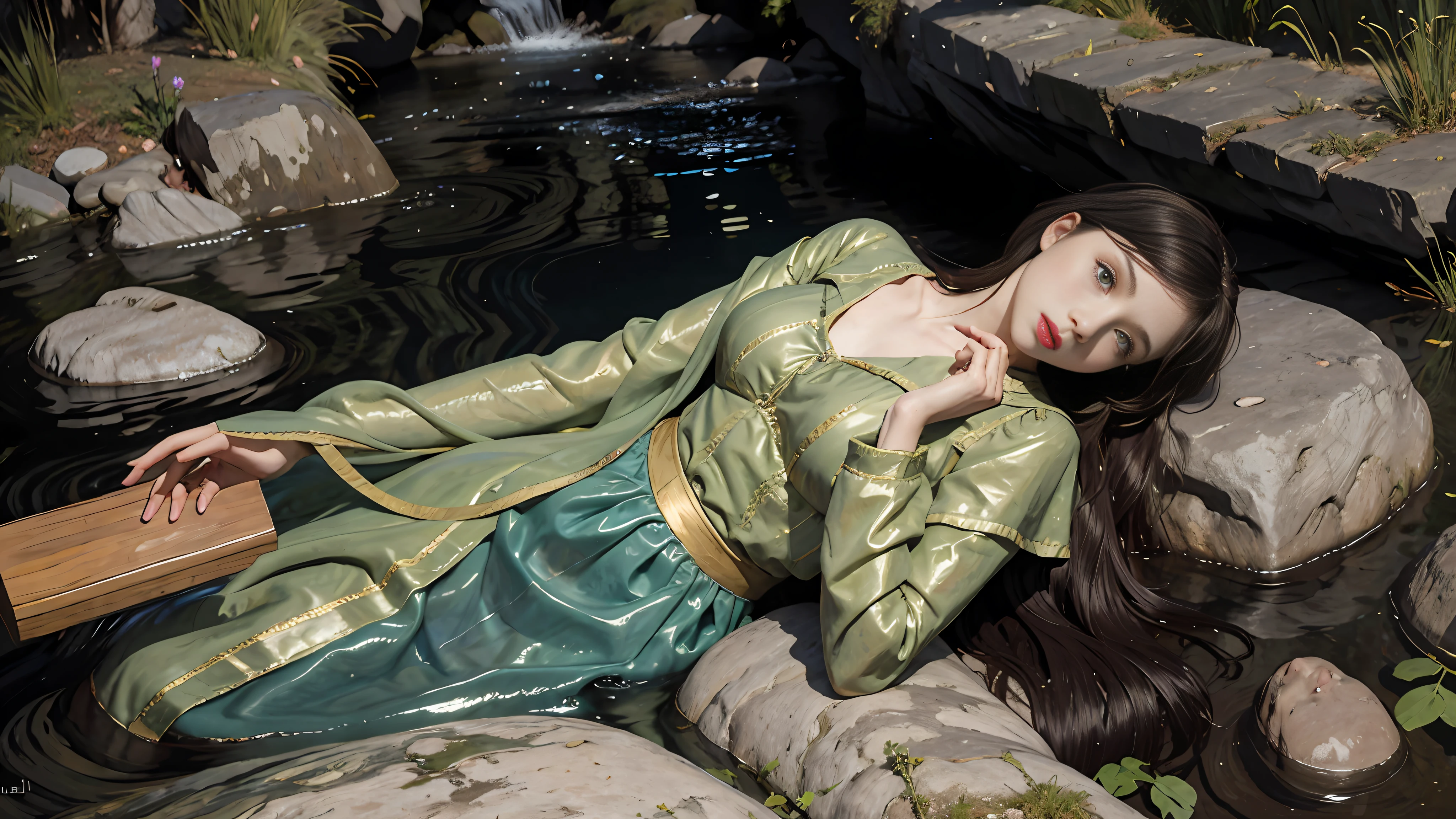 a painting of a woman laying on a rock in a river, ophelia, millais, by John Everett Millais, by Arthur Hughes, inspired by Arthur Hughes, y pre-raphaelite, pre - raphaelites, pre-raphaelites, in water! john everett millais, pre-raphaelite oil painting, pre-raphaelite style, pre - raphaelite style