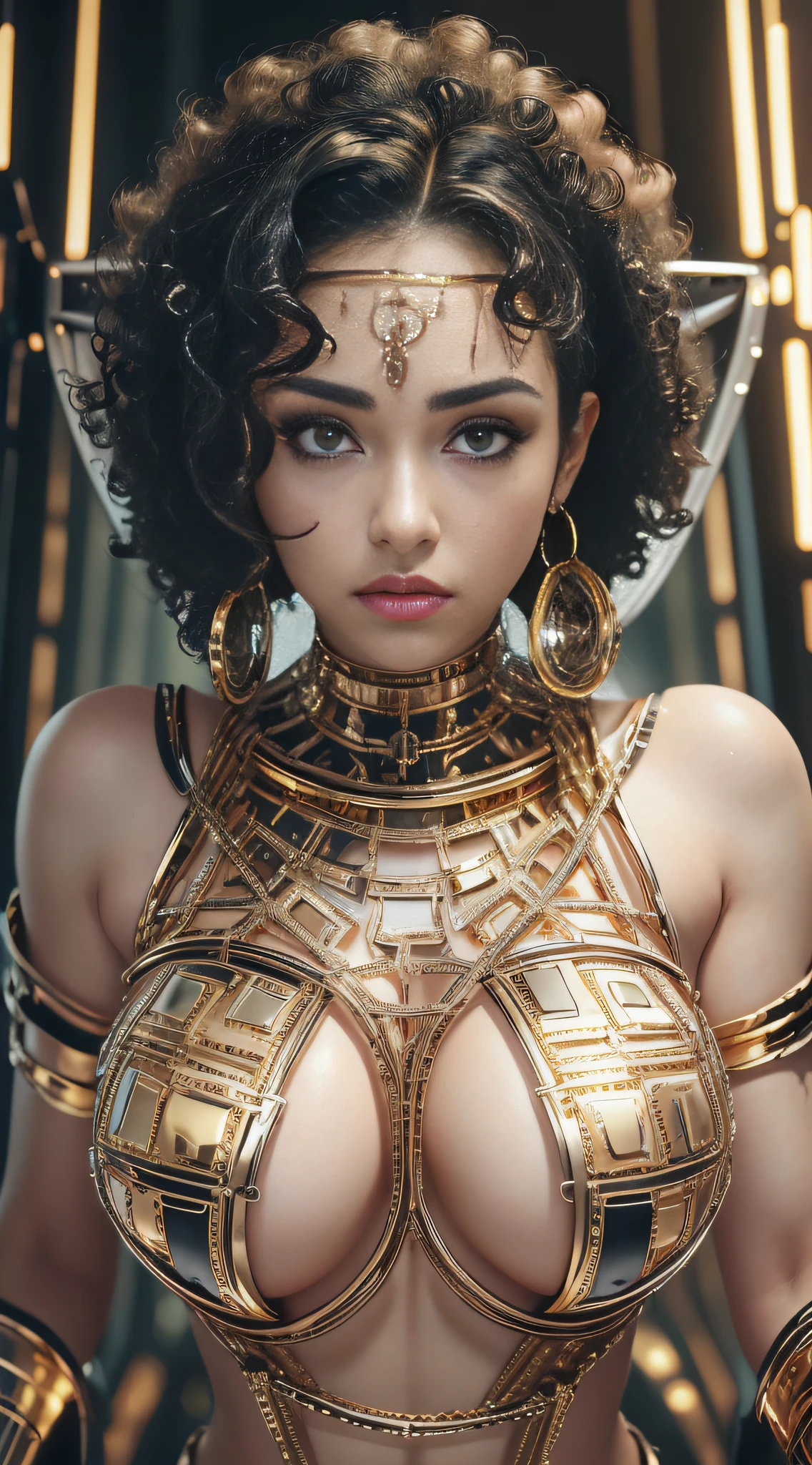 Girl naked in gold body jewelry, Highly Detailed Face and Skin Texture, ((white skin)) big green eyes, slim face, juicy lips, bimbo lips, big puffy breast, Tiny breastplates ((afro curly Black hair)), pale skin, Detailed Eyes, Double Eyelids, cyberpunk gold metal jewelry BDSM, gold metal cyberpunk tapes on body, metal Collar, metal gold futuristic tiny Panties t-strings, metal Tiny panties, metal stickini, metal cupless bra, metal clothes, gold body jewelry, wet skin, she is naked. White skin, she is on the futuristic cyberpunk white and Black room in the spacecraft. Ring in the nose.