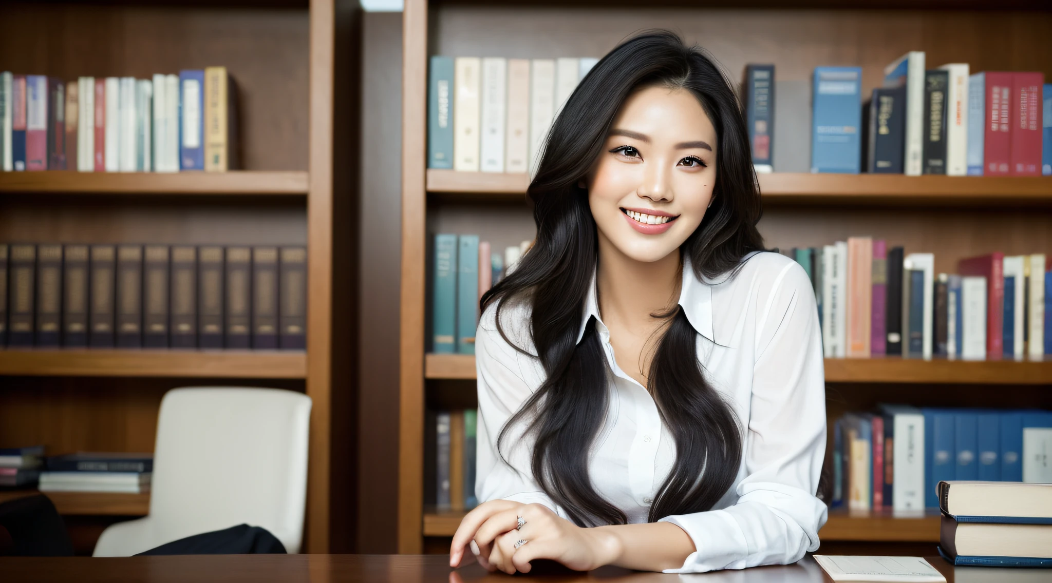 (Best quality, High resolution, Masterpiece, lookbook :1.3), (close up camera), (1 tall and pretty woman), ((asian)), ((21 year olds)), ((solo)), (fantasy look), ((big smile)), (Dark black hair styled in loose waves), (), (White button up shirt), (Black pant), Details exquisitely rendered in the face and skin texture, Detailed eyes, Double eyelid, BREAK, (Modern architecture in background), (school library, bookshelf), ((students study behind her)), ((background supper blur)),  leica m9, leica 75mm f1.25 noctilux, oshare kei, pastoral --s 750 --style raw