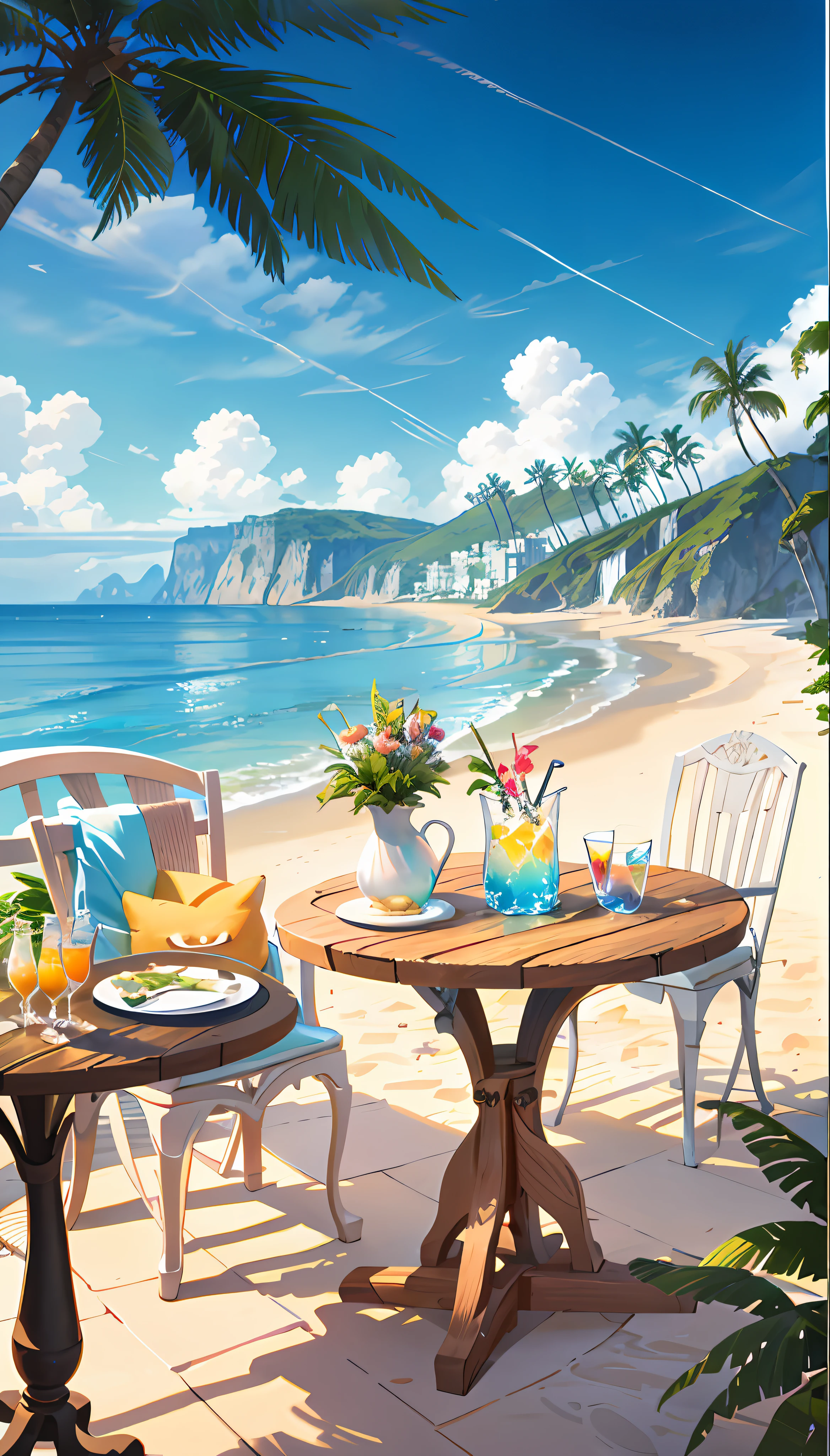 In the seaside resort setting, sandy environment, pleasant cozy atmosphere, close to the beach, wonderful masterpiece, cozy atmosphere, beautiful environment, outdoor environment, summer, summer morning, cozy environment, cool glass full of iced carbonated drinks on the table, and fine coconut, fruit, dazzling midday sun, sea view in the distance, palm grove and coconut grove in the distance, resort small house in the distance, (splashed liquid: 1.6), ice cubes, (cute dessert: 0.4) Drip. Inside is filled with carbonated drinks, translucent liquid, daytime outdoor lights (beach 1.5), tropical plants, hot weather, HD detail, wet watermark, hyper detail, 2K, 4K, 8K, film, surrealism, soft light, deep field focus bokeh, ray tracing, diffuse (ultra-fine glass reflection), and surrealism.