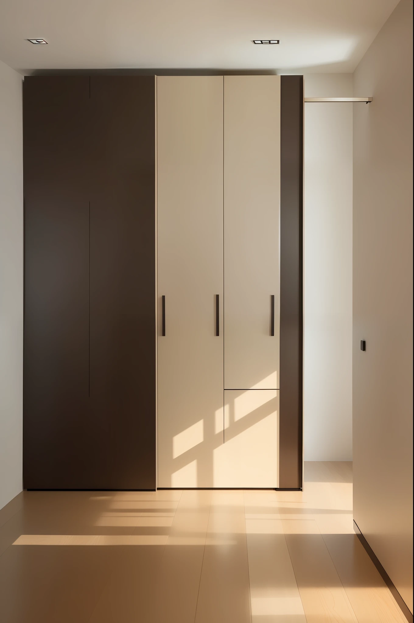 One bedroom, inspired by pictures by David Chipperfield, unsplash, concept art, elegant wardrobes, cabinets, colors, 3 doors, rendered in corona, showcase, elegant minimalism, palatial, beige and dark vibe, smooth paneling, clear and smooth lines, Sienna, flats, cabinets, EORA