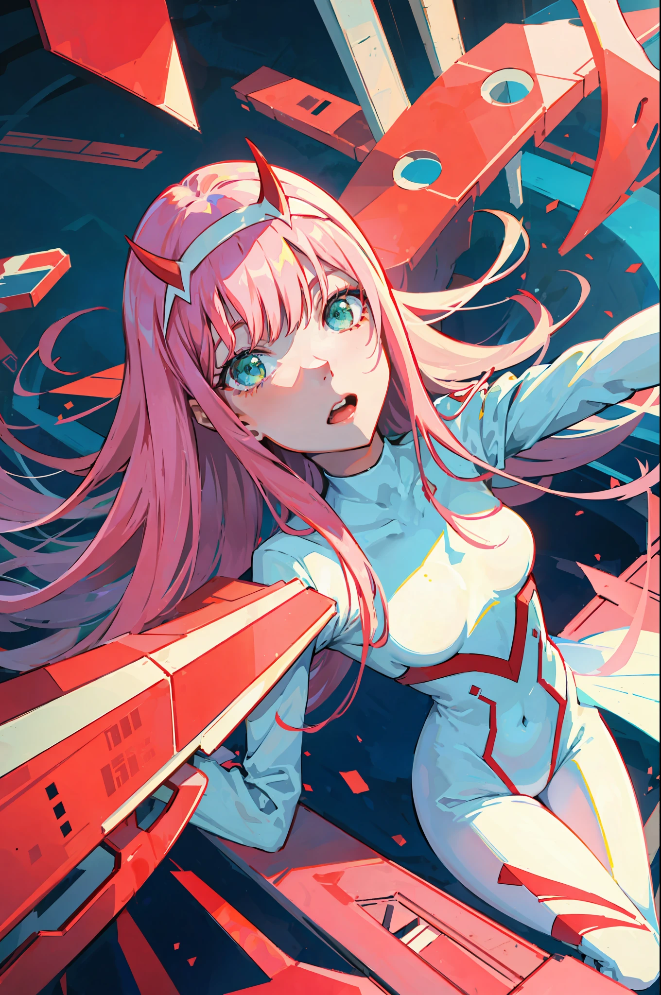 zero two \(darling on franxx\), darling on franxx, 1girl, fringe, selfie, bite, shadow, green eyes, hair behind head, horns, long hair, makeup, small breasts, pilot suit, white bodysuit, pink hair, red eyeshadow, science fiction, tight skin, solo