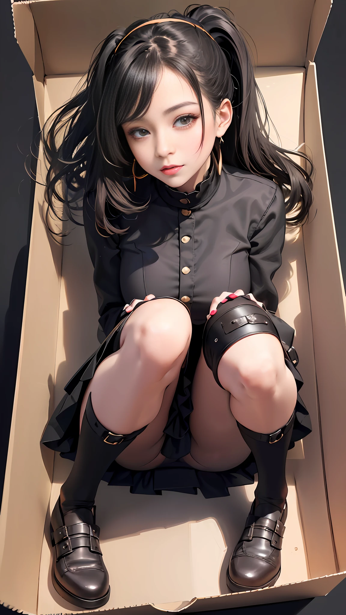 (a brown double ponytail long hair black miniskirt girl curled up in box: 1.5), girl in express box, (top view view: 1.3), knees up, legs bent, full body, jk uniform, (long legs: 1.3), (masterpiece), (best quality), realistic, cinematic light, cool pose, perfect figure,