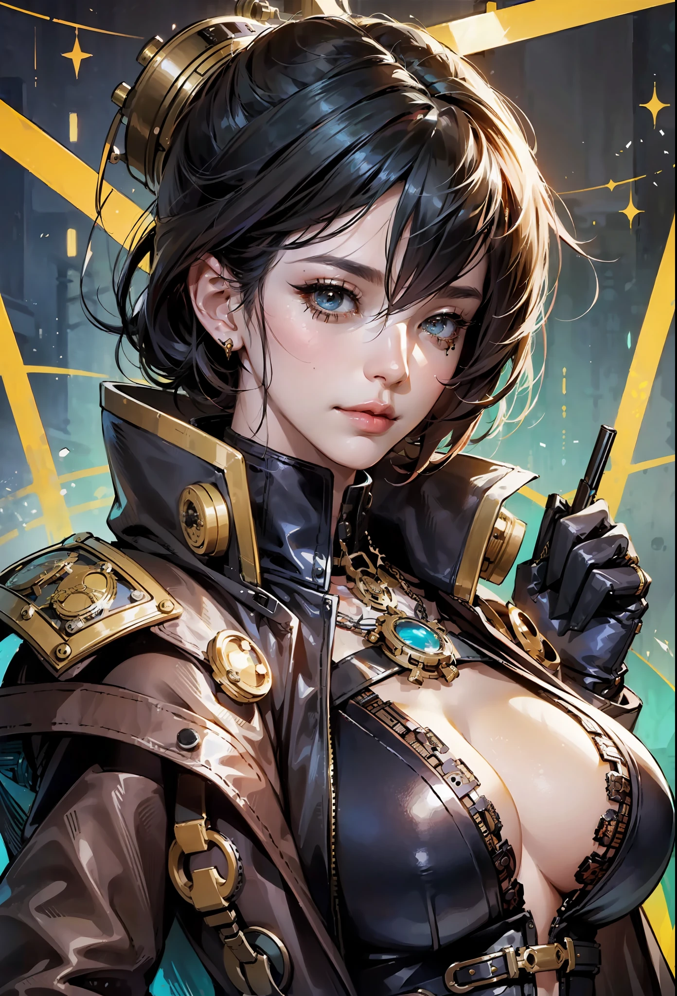 here is a woman in a leather jacket standing in a room, steampunk beautiful anime woman, portrait of lady mechanika, like lady mechanika, by Yang J, female cyberpunk anime girl, stunning character art, cyberpunk anime girl mech, high quality steampunk art, cyberpunk anime girl, steampunk fantasy style, steampunk concept art, wojtek fus,(((tetas gigantescas caidas con los pezones en punta marcados bajo la ropa, )))